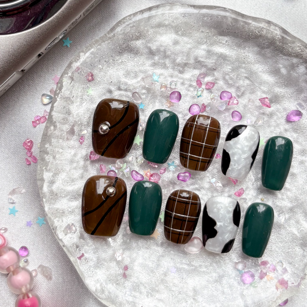 Personalized Green & Brown Press On Nails | Plaid & Marble Accents | Cow Print & Rhinestone Details | Short Square Handmade Nail Set