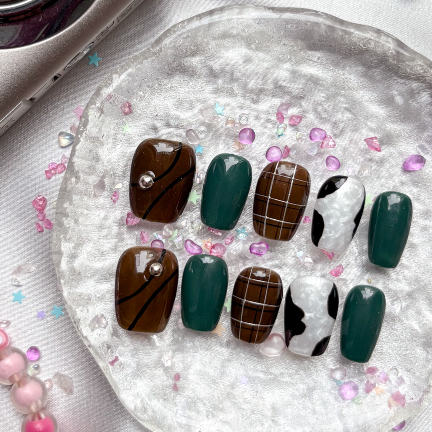 Personalized Green & Brown Press On Nails | Plaid & Marble Accents | Cow Print & Rhinestone Details | Short Square Handmade Nail Set
