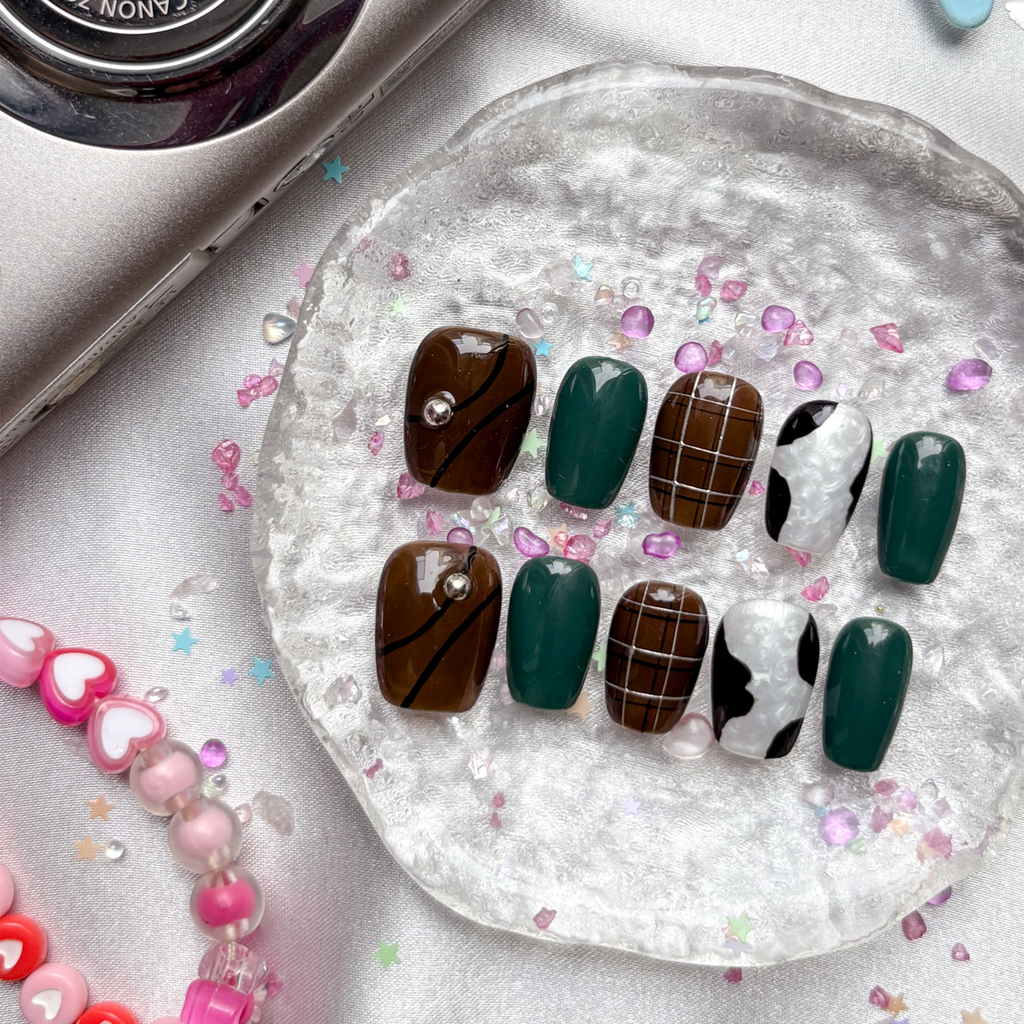 Personalized Green & Brown Press On Nails | Plaid & Marble Accents | Cow Print & Rhinestone Details | Short Square Handmade Nail Set