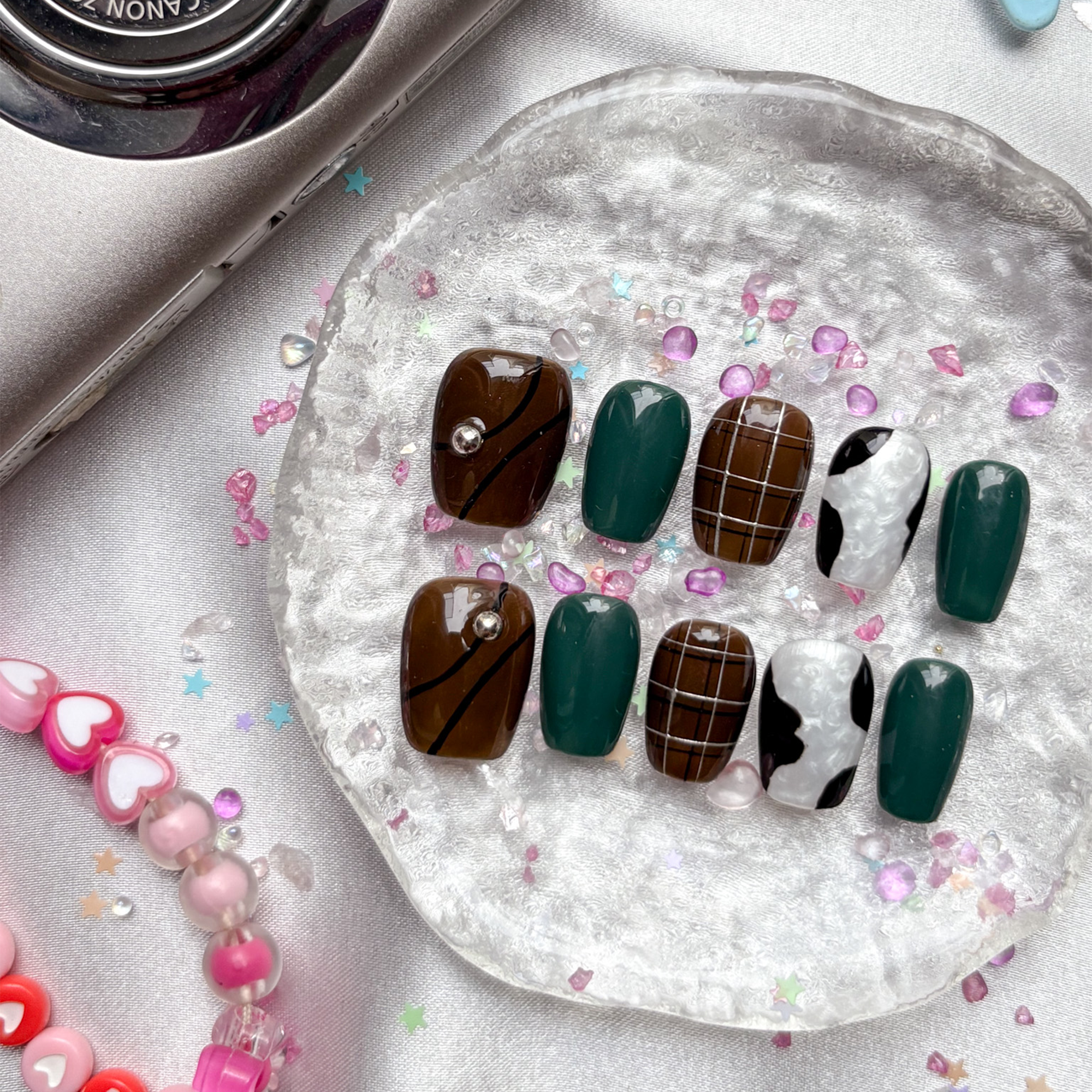 Personalized Green & Brown Press On Nails | Plaid & Marble Accents | Cow Print & Rhinestone Details | Short Square Handmade Nail Set