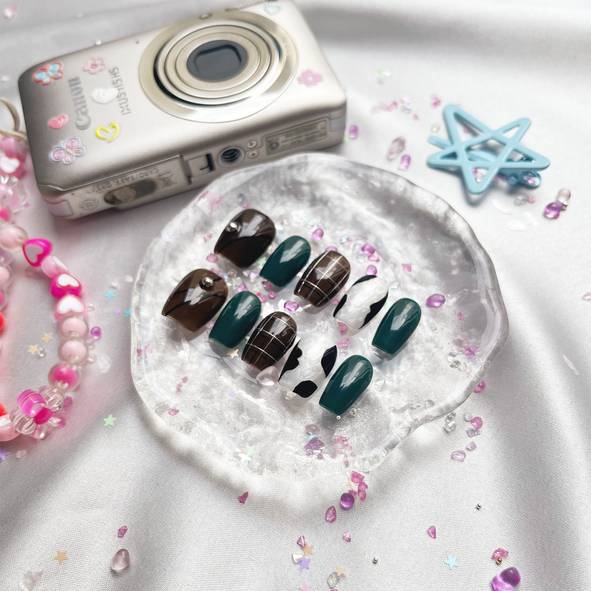 Personalized Green & Brown Press On Nails | Plaid & Marble Accents | Cow Print & Rhinestone Details | Short Square Handmade Nail Set