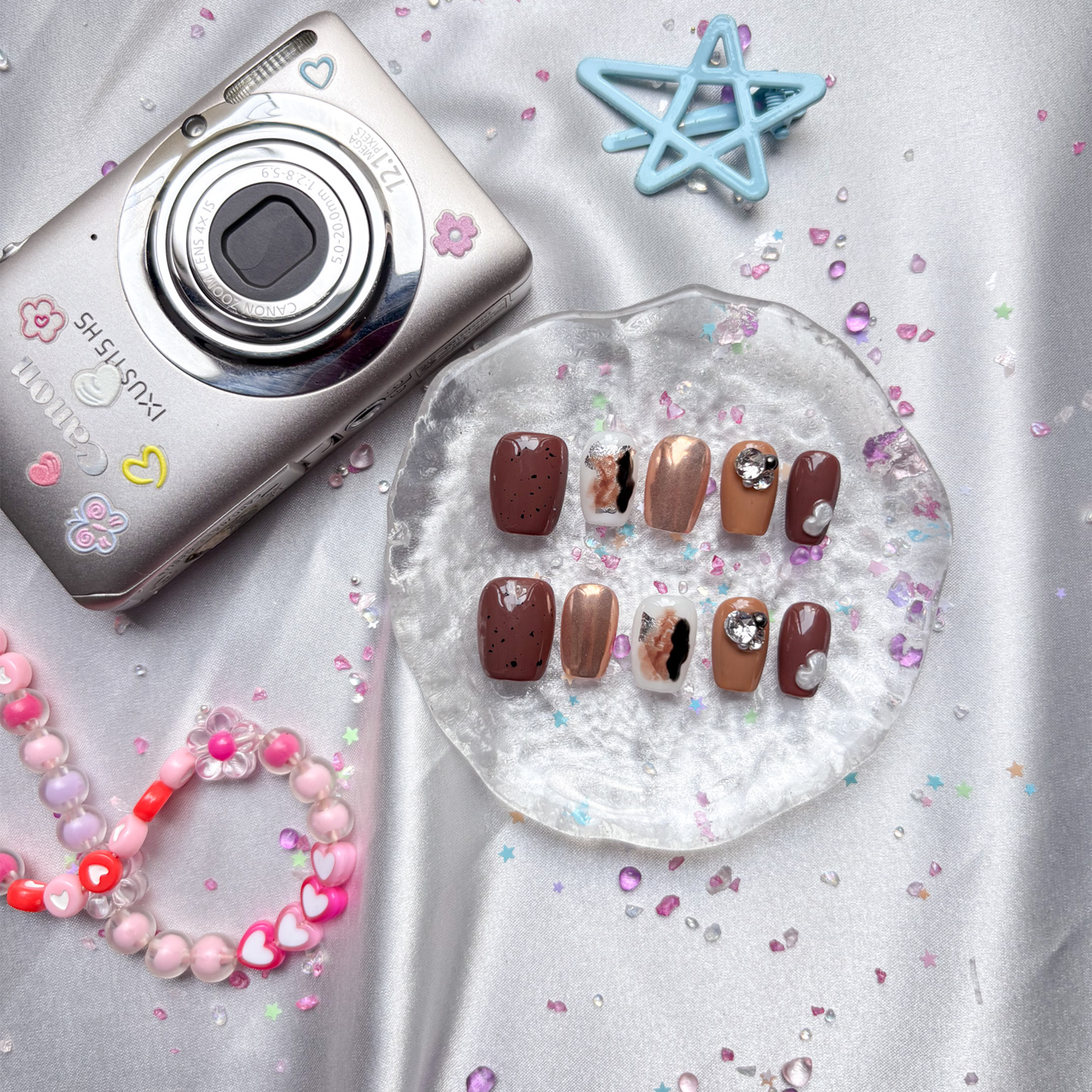 Custom Press-On Nails – Brown & Bronze Glossy with 3D Crystal & Abstract Art | Wynzy Pops Nails