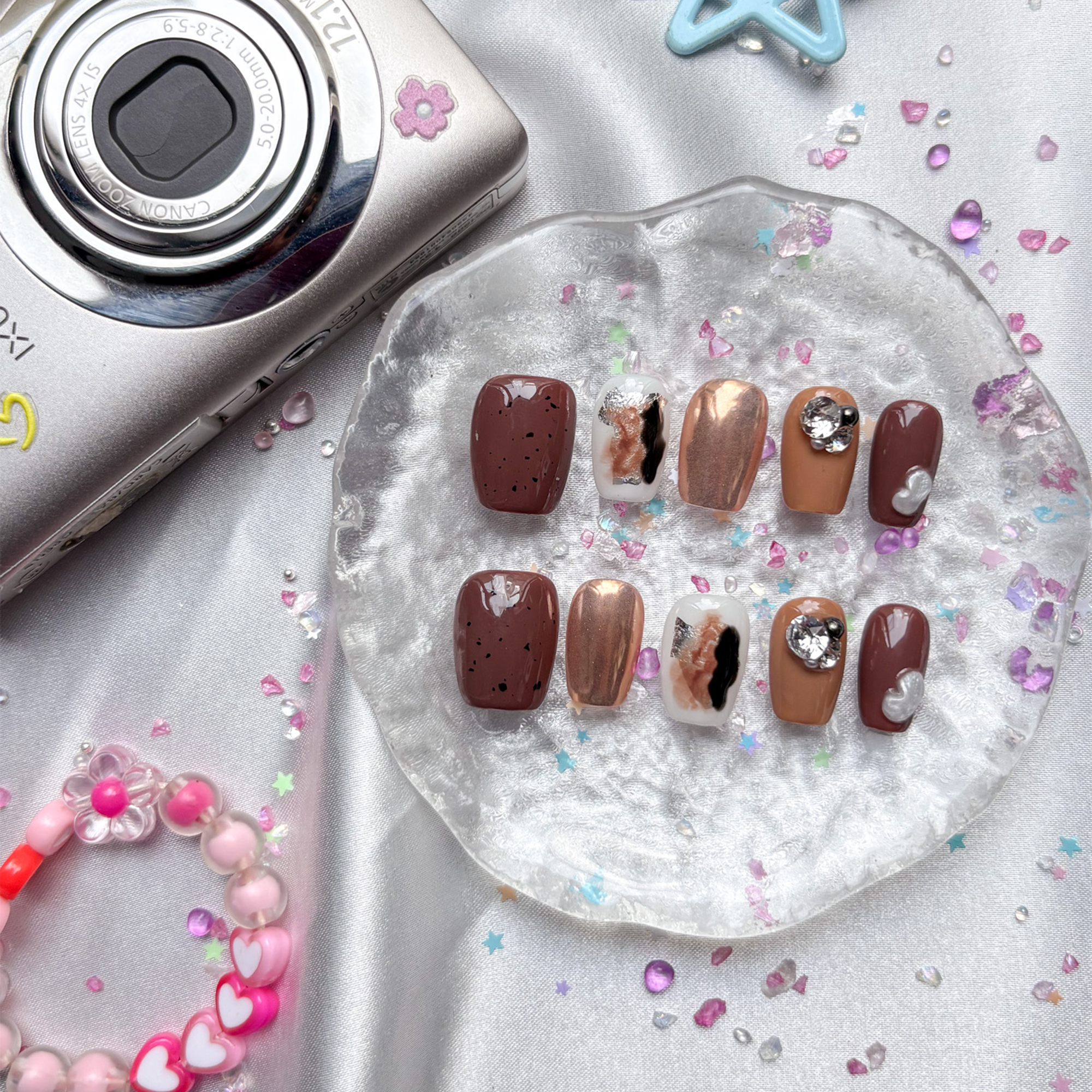 Custom Press-On Nails – Brown & Bronze Glossy with 3D Crystal & Abstract Art | Wynzy Pops Nails