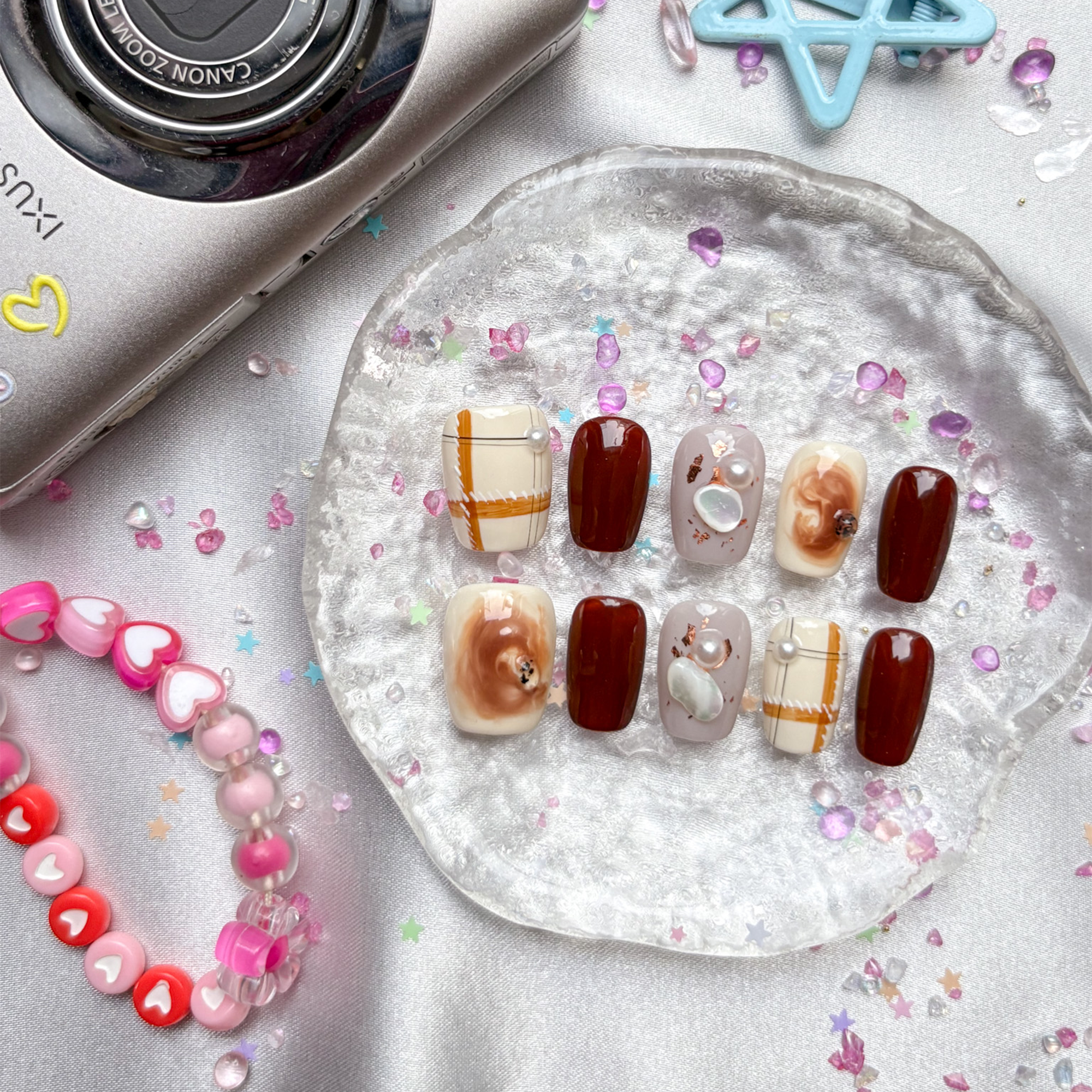 Personalized Marble Plaid Press On Nails | Pearl Charm Accent | Handmade Luxury Nail Art