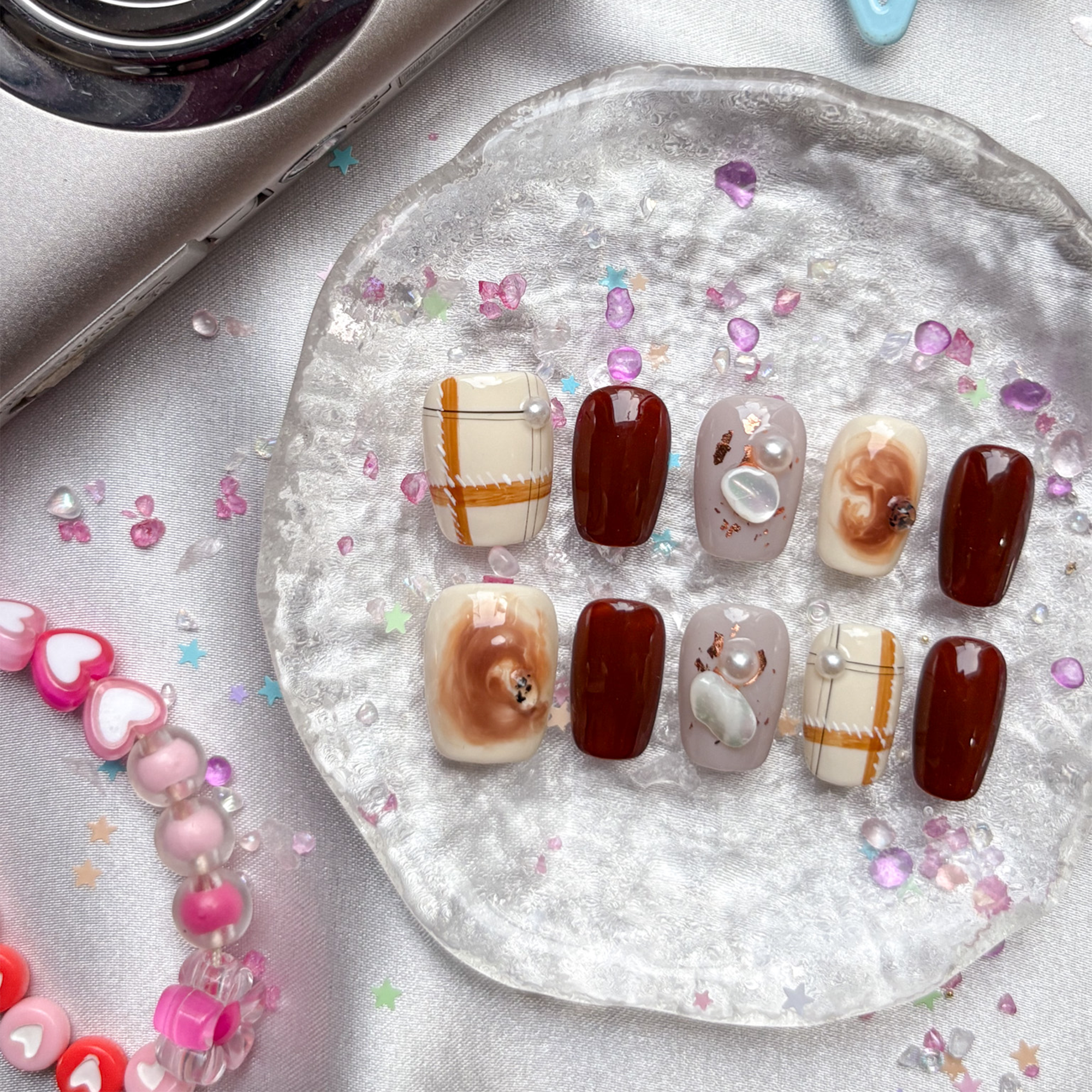 Personalized Marble Plaid Press On Nails | Pearl Charm Accent | Handmade Luxury Nail Art