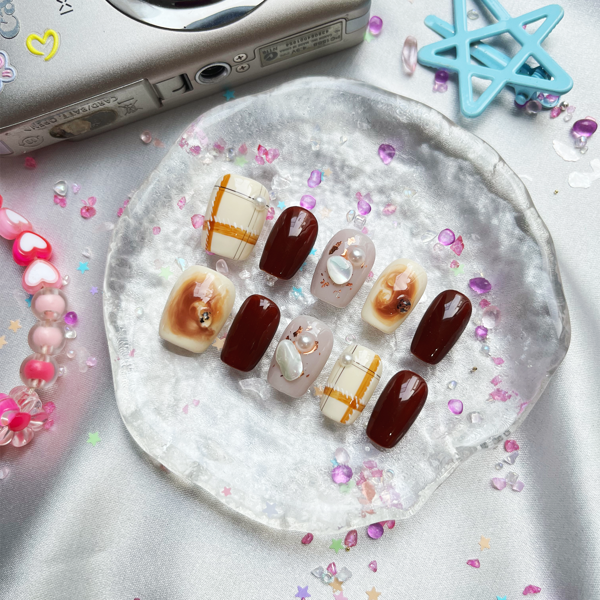 Personalized Marble Plaid Press On Nails | Pearl Charm Accent | Handmade Luxury Nail Art