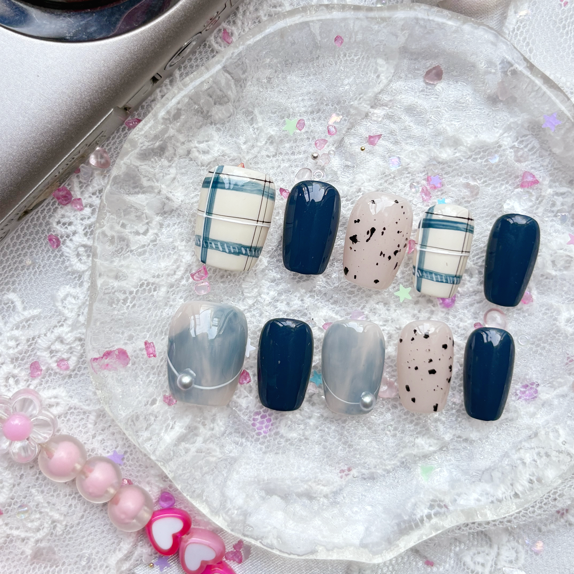 Custom Press-On Nails – Navy Plaid & Marble Gray with Speckled Detail & Pearl Charm | Soft Grunge Aesthetic | Wynzy Pops Nails