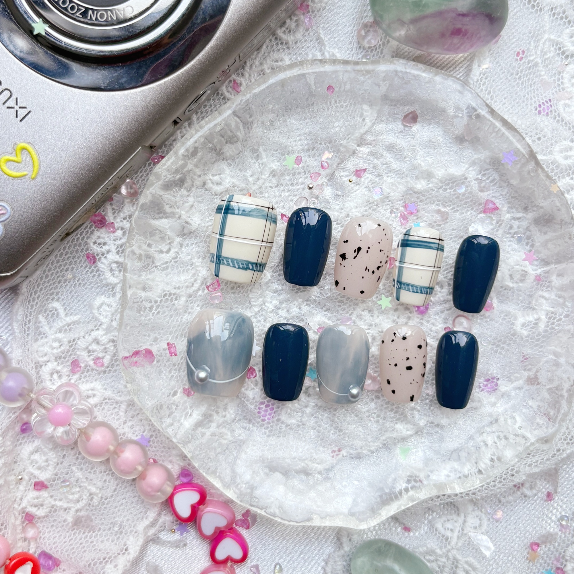 Custom Press-On Nails – Navy Plaid & Marble Gray with Speckled Detail & Pearl Charm | Soft Grunge Aesthetic | Wynzy Pops Nails