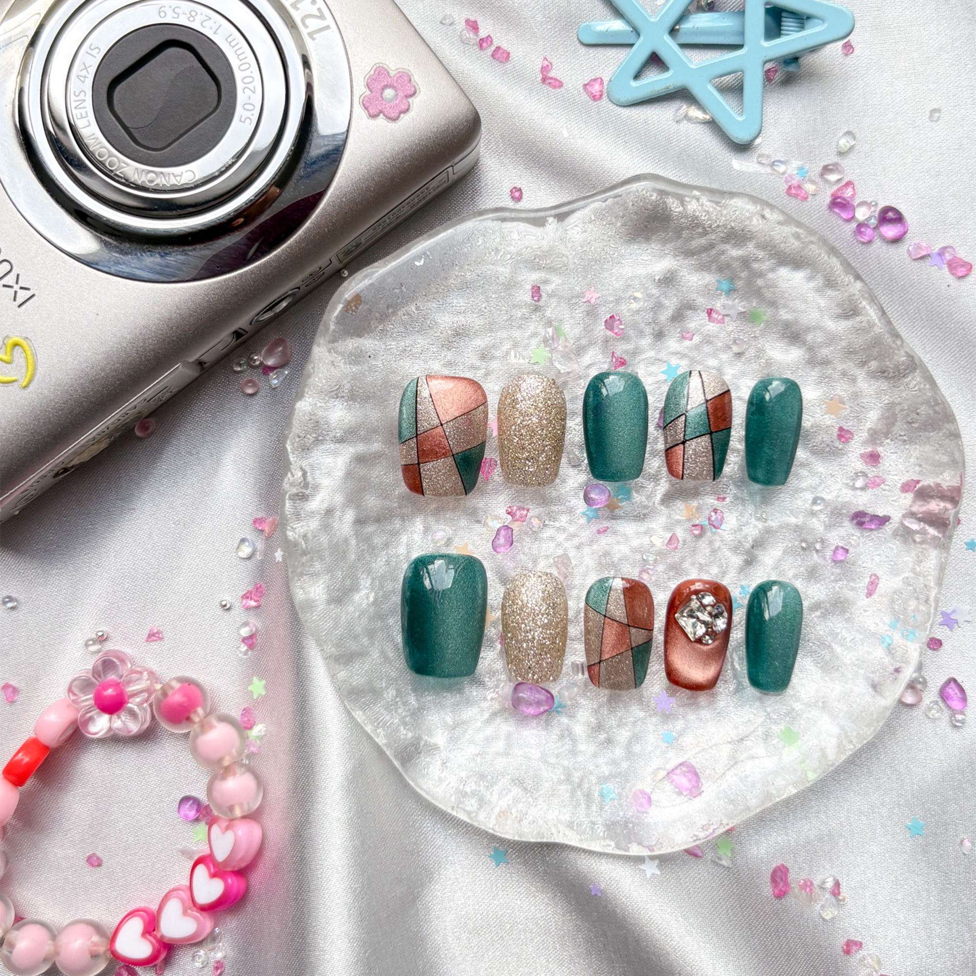 Custom Press-On Nails – Teal, Rose Gold & Silver Glitter Blocks with Rhinestones in Geometric Glam Style | Wynzy Pops Nails