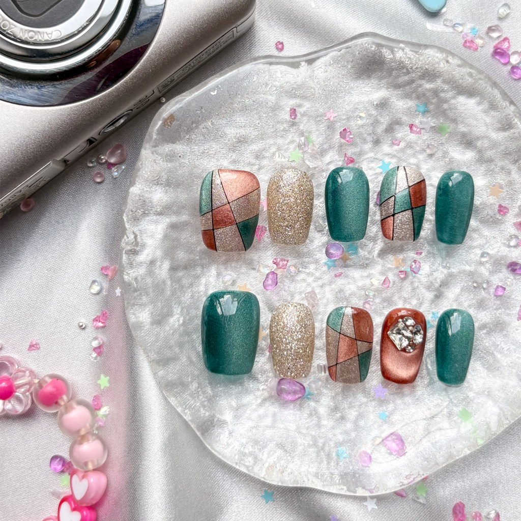 Custom Press-On Nails – Teal, Rose Gold & Silver Glitter Blocks with Rhinestones in Geometric Glam Style | Wynzy Pops Nails