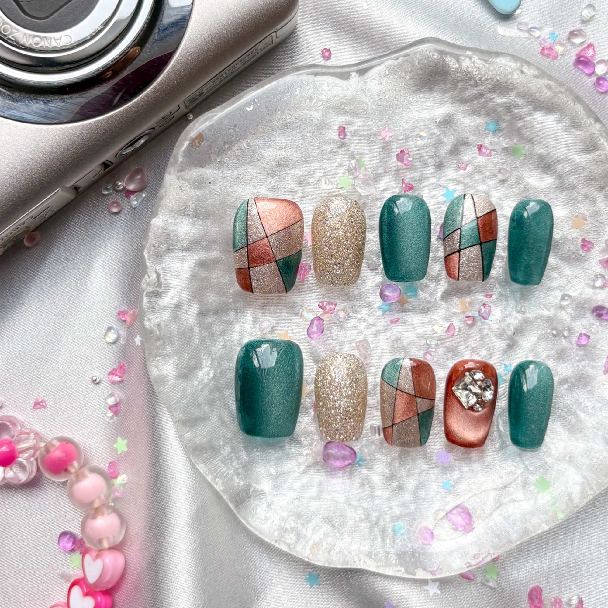 Custom Press-On Nails – Teal, Rose Gold & Silver Glitter Blocks with Rhinestones in Geometric Glam Style | Wynzy Pops Nails