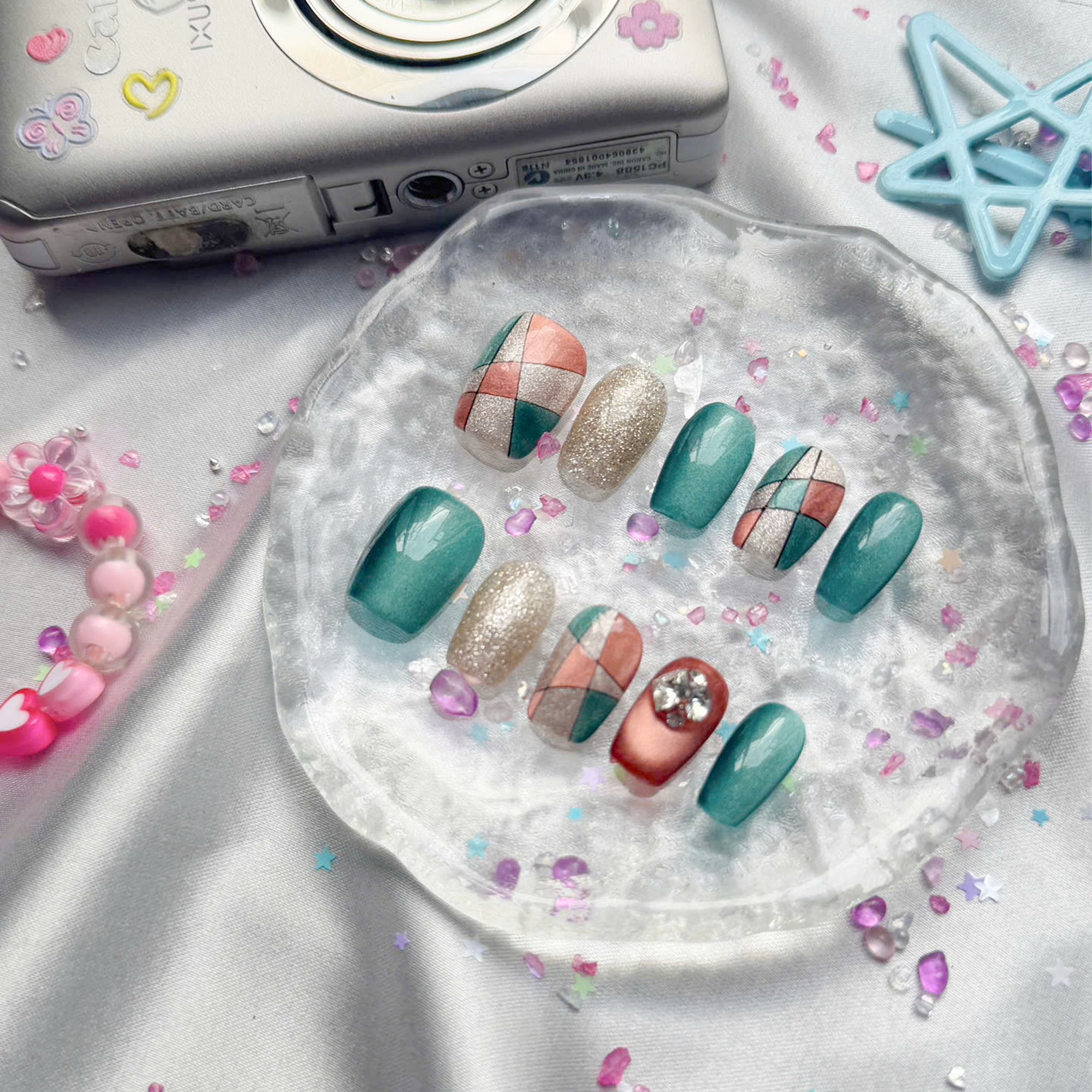 Custom Press-On Nails – Teal, Rose Gold & Silver Glitter Blocks with Rhinestones in Geometric Glam Style | Wynzy Pops Nails