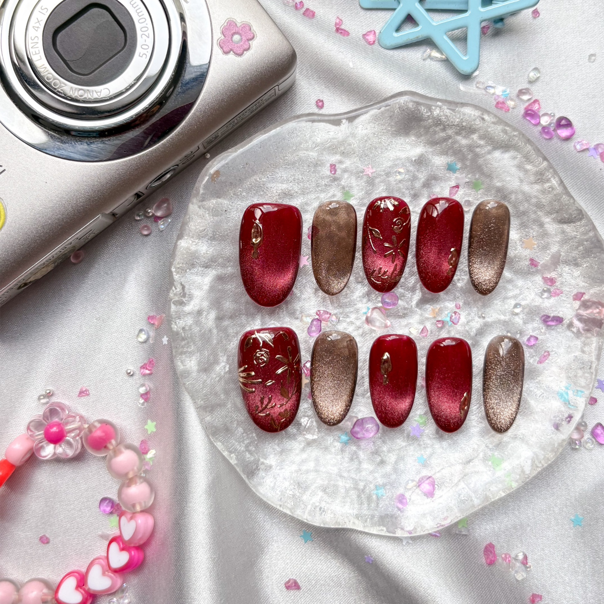 Custom Press-On Nails – Red & Brown Cat Eye with Gold Floral Detailing | Handmade Glitter Nail Art | Wynzy Pops Nails