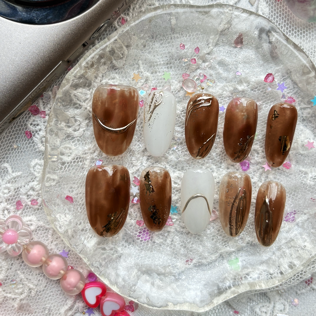 Fall Brown Gold Foil Custom Press-On Nails: Luxury Almond Nail Art Set | Wynzy Pops Nails