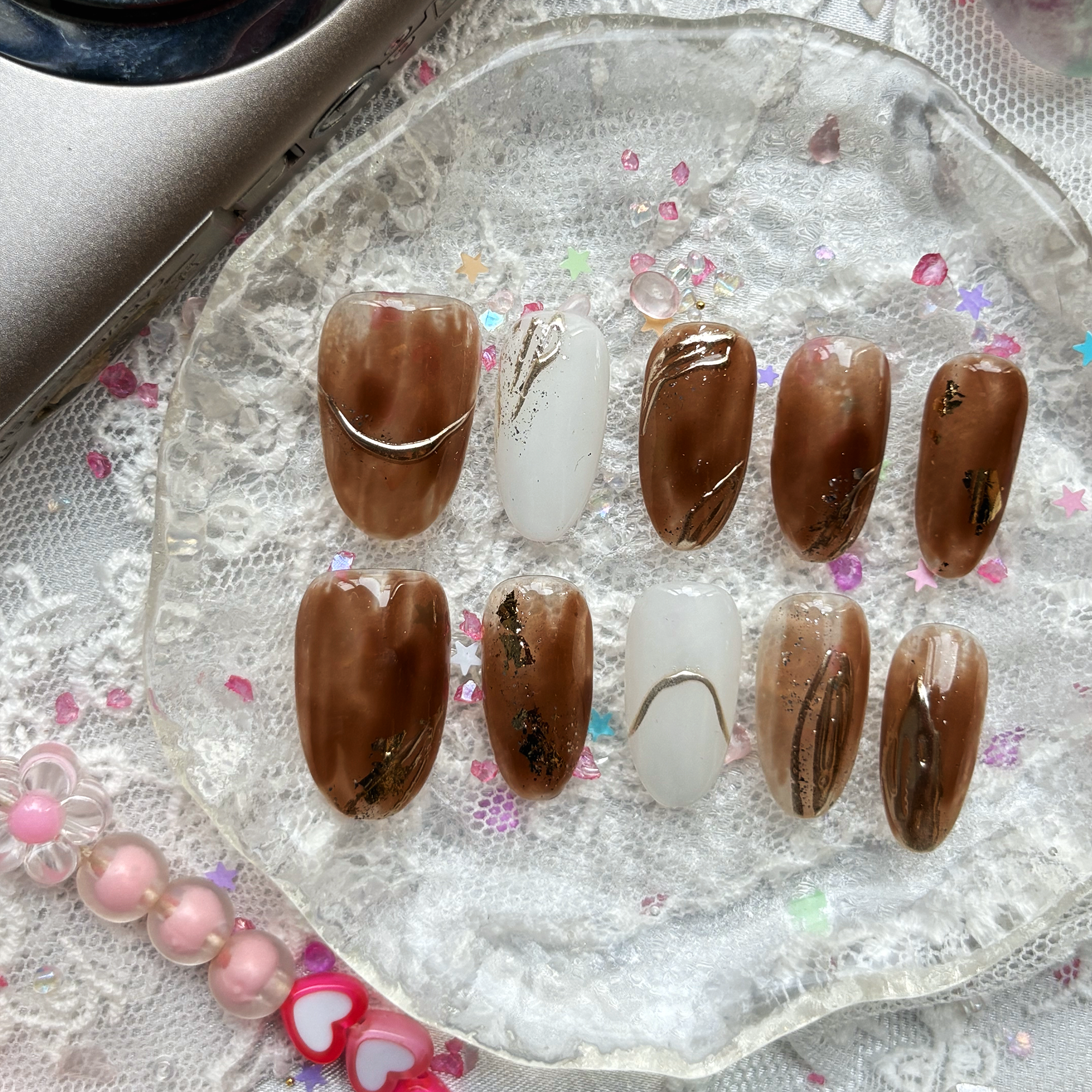 Fall Brown Gold Foil Custom Press-On Nails: Luxury Almond Nail Art Set | Wynzy Pops Nails
