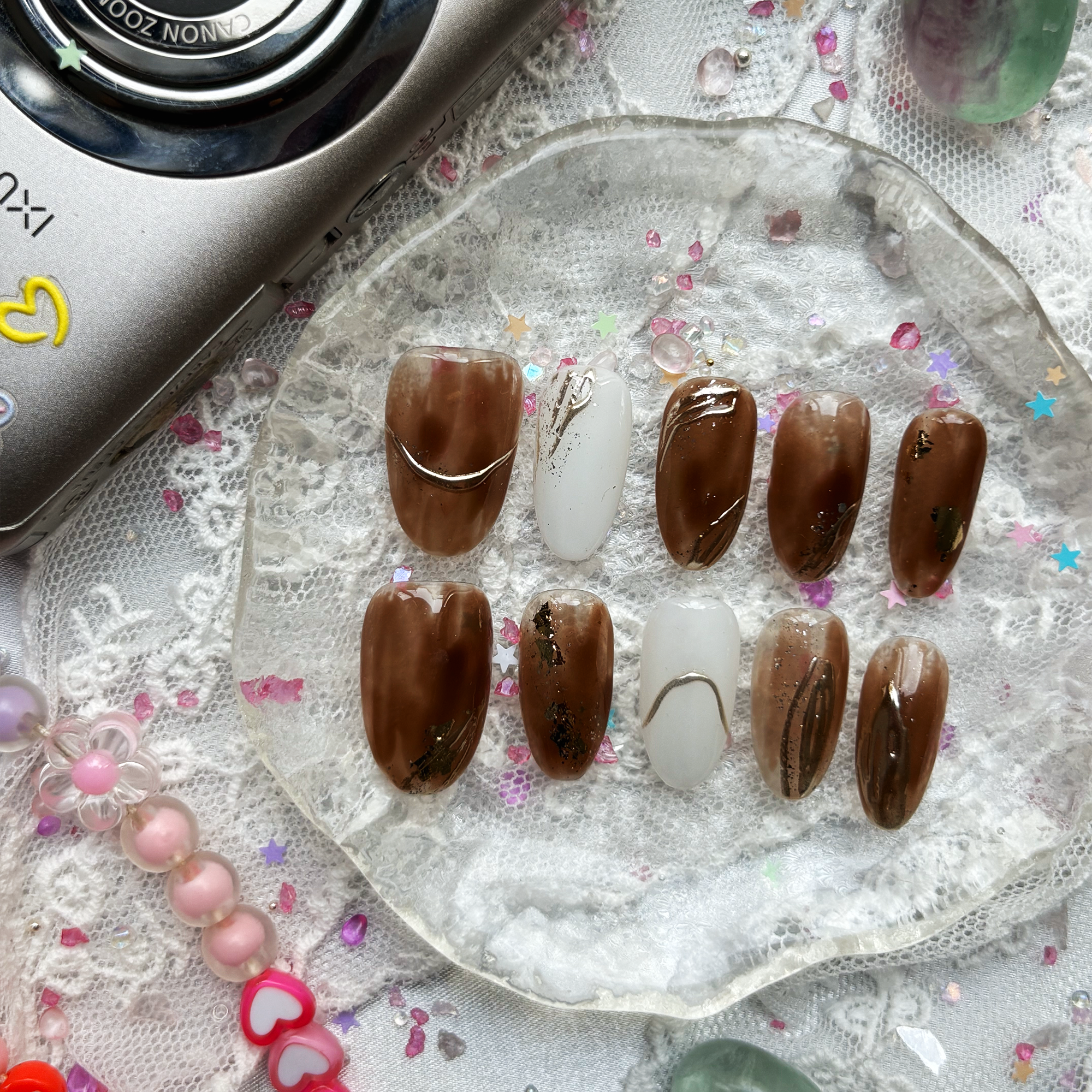 Fall Brown Gold Foil Custom Press-On Nails: Luxury Almond Nail Art Set | Wynzy Pops Nails