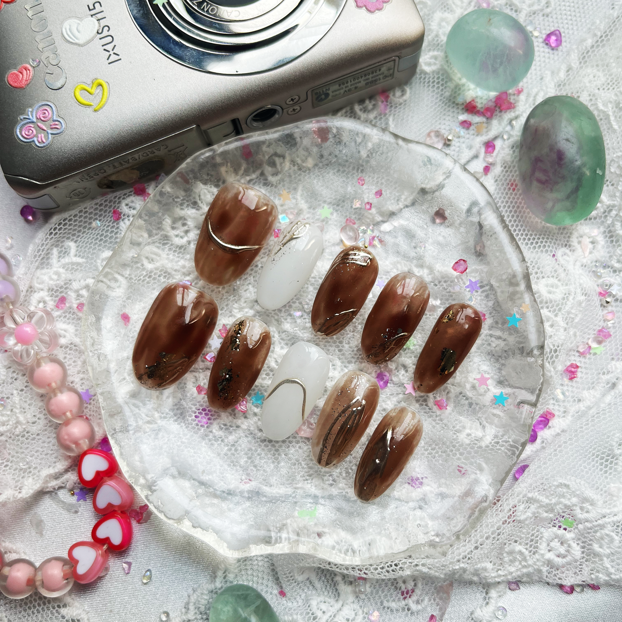 Fall Brown Gold Foil Custom Press-On Nails: Luxury Almond Nail Art Set | Wynzy Pops Nails