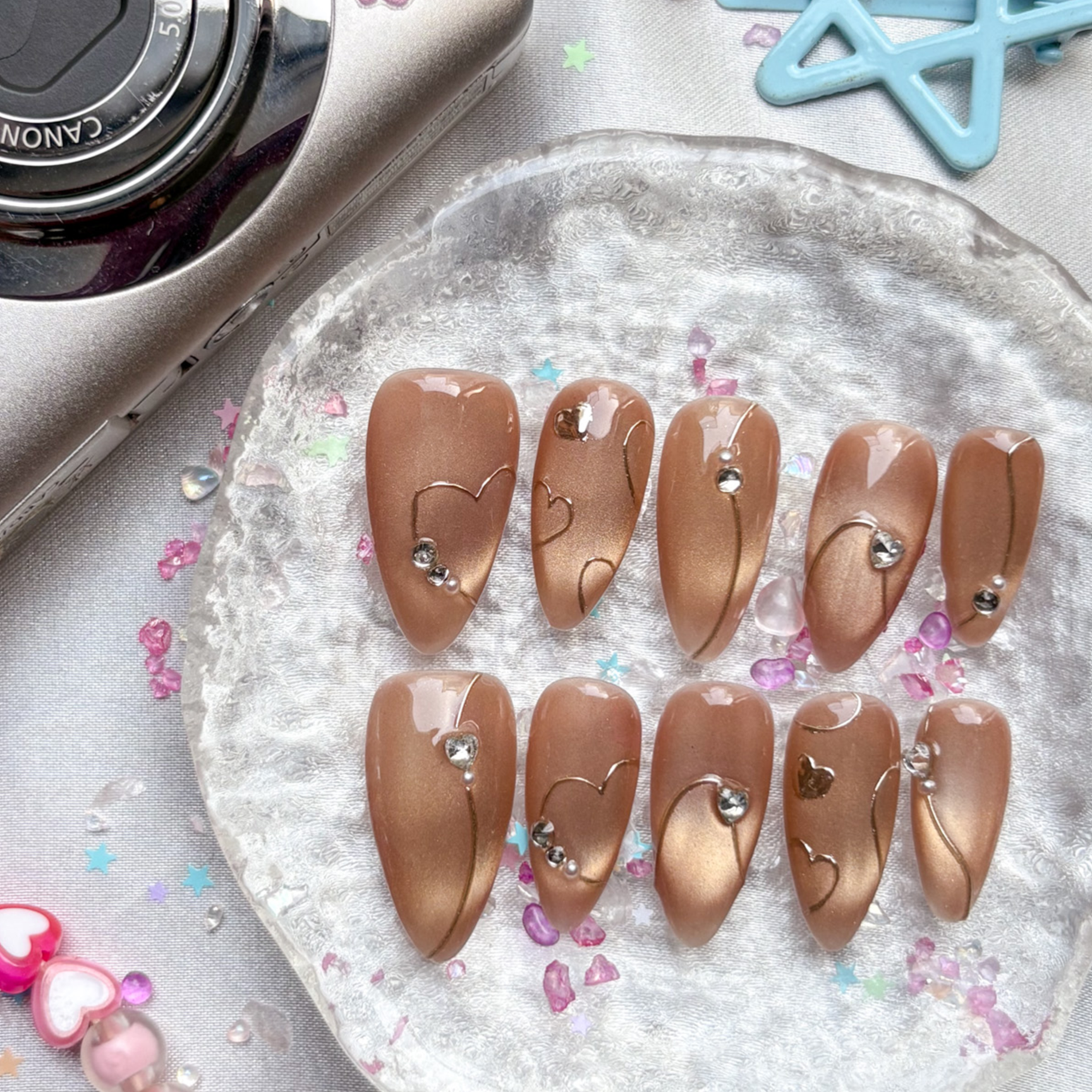 Custom Cat Eye Press On Nails | Bronze Almond Nails with Heart & Rhinestone Accents | Personalize Elegant Romantic Nail Design