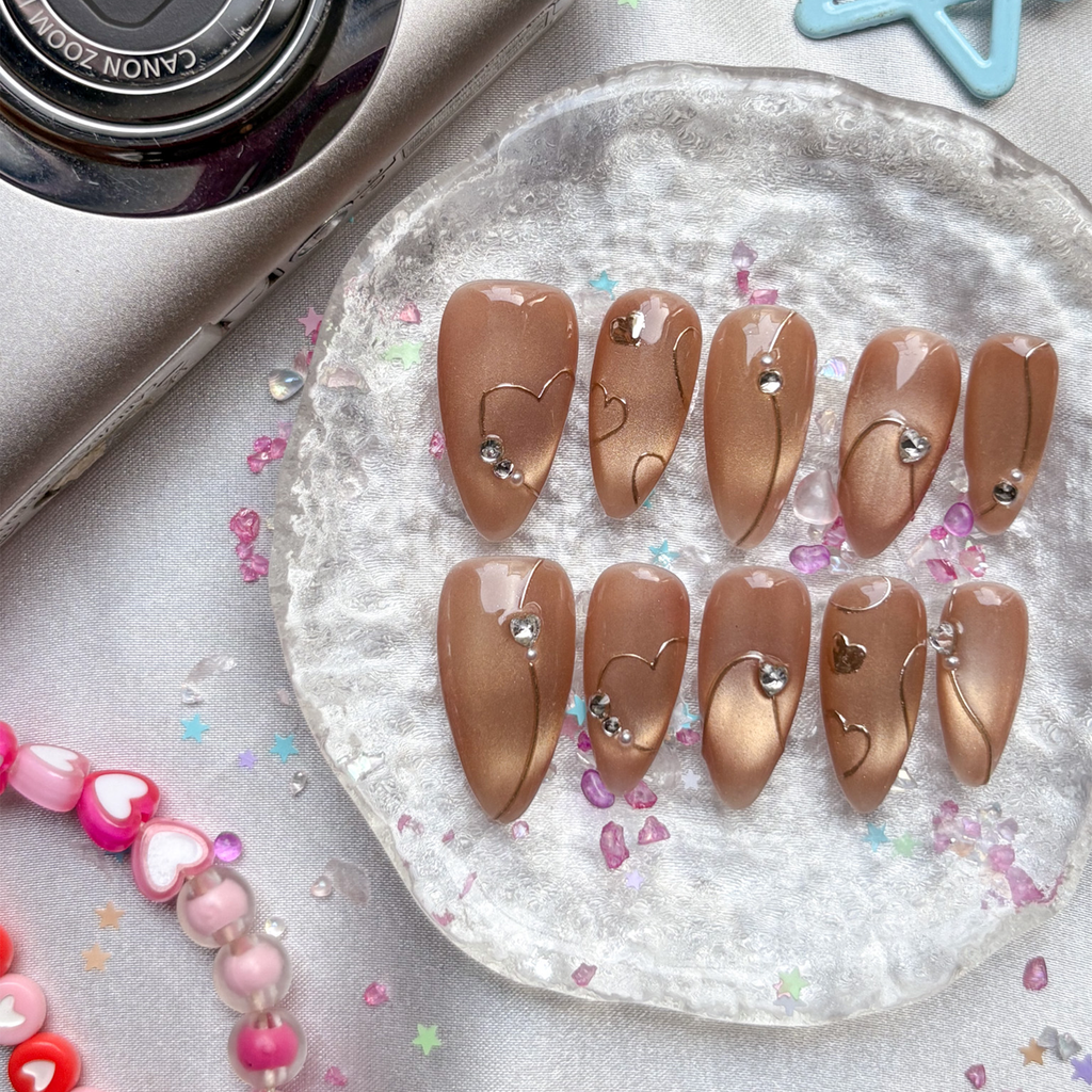 Custom Cat Eye Press On Nails | Bronze Almond Nails with Heart & Rhinestone Accents | Personalize Elegant Romantic Nail Design