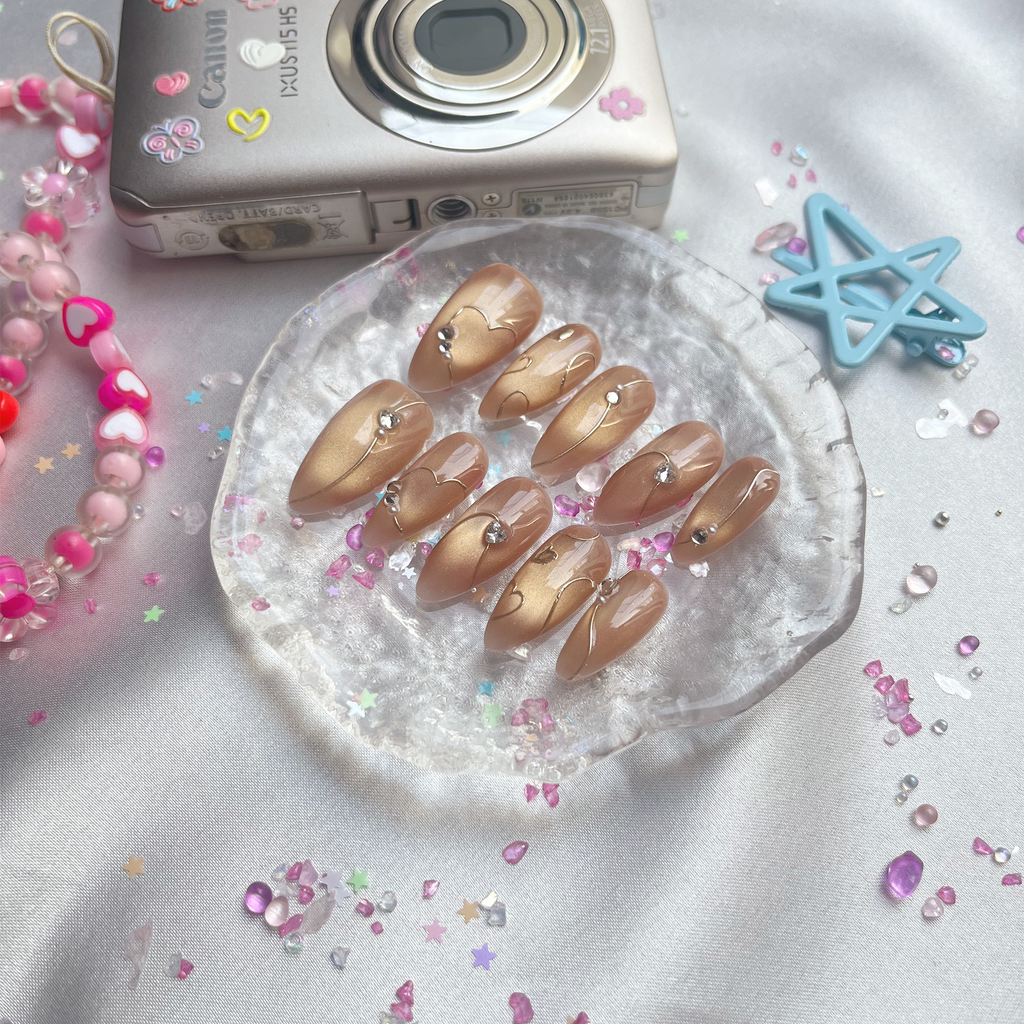 Custom Cat Eye Press On Nails | Bronze Almond Nails with Heart & Rhinestone Accents | Personalize Elegant Romantic Nail Design