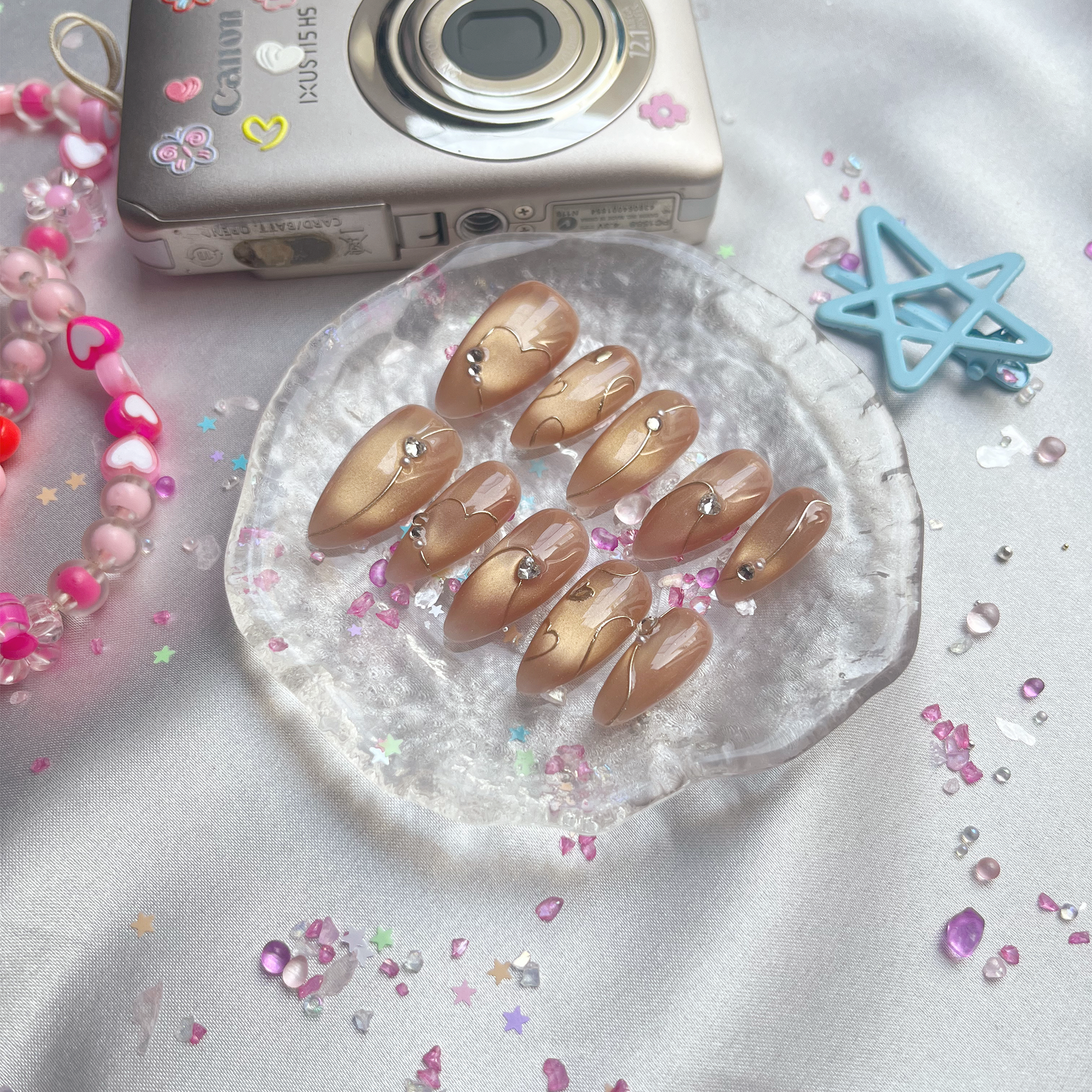 Custom Cat Eye Press On Nails | Bronze Almond Nails with Heart & Rhinestone Accents | Personalize Elegant Romantic Nail Design