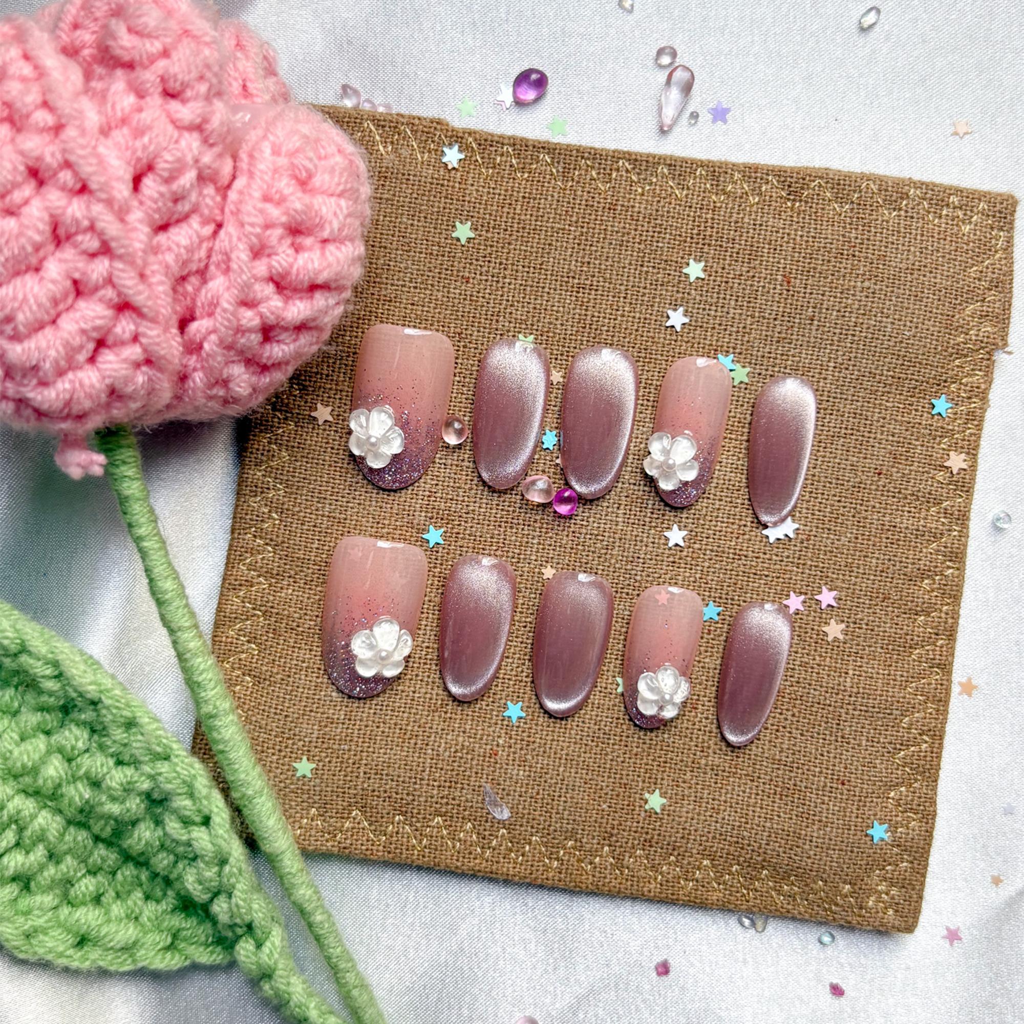 Custom Press-On Nails – Rose Pink Cat Eye with Glitter Tips & 3D Flower Charms | Soft Glam Nail Set | Wynzy Pops Nails
