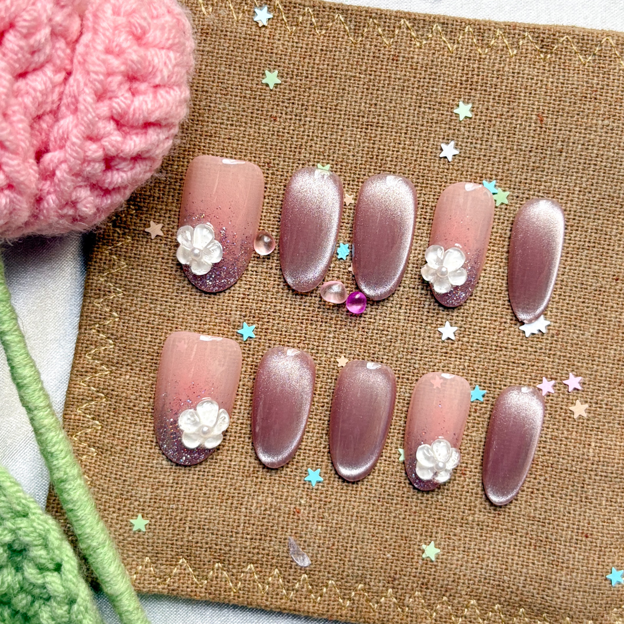 Custom Press-On Nails – Rose Pink Cat Eye with Glitter Tips & 3D Flower Charms | Soft Glam Nail Set | Wynzy Pops Nails