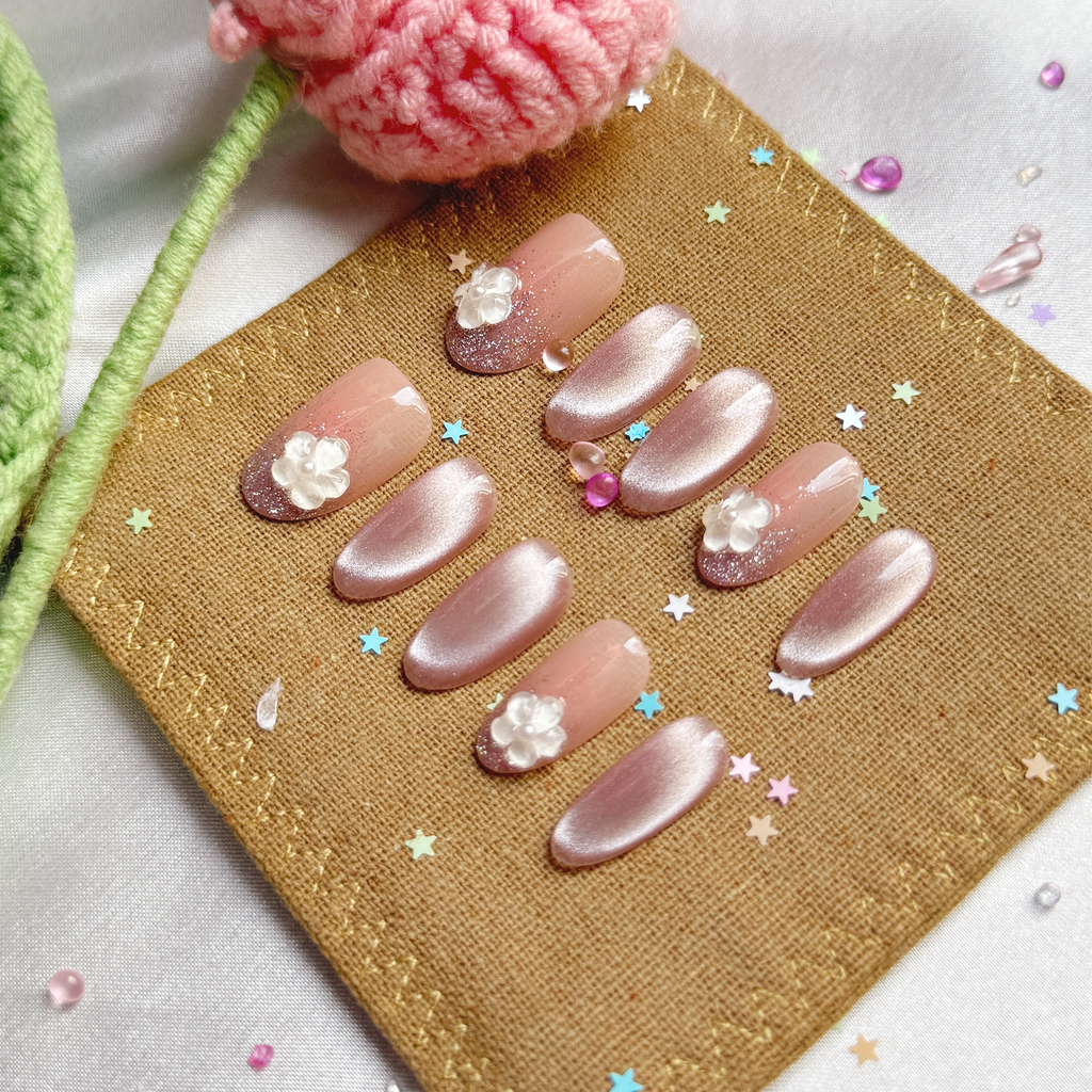 Custom Press-On Nails – Rose Pink Cat Eye with Glitter Tips & 3D Flower Charms | Soft Glam Nail Set | Wynzy Pops Nails