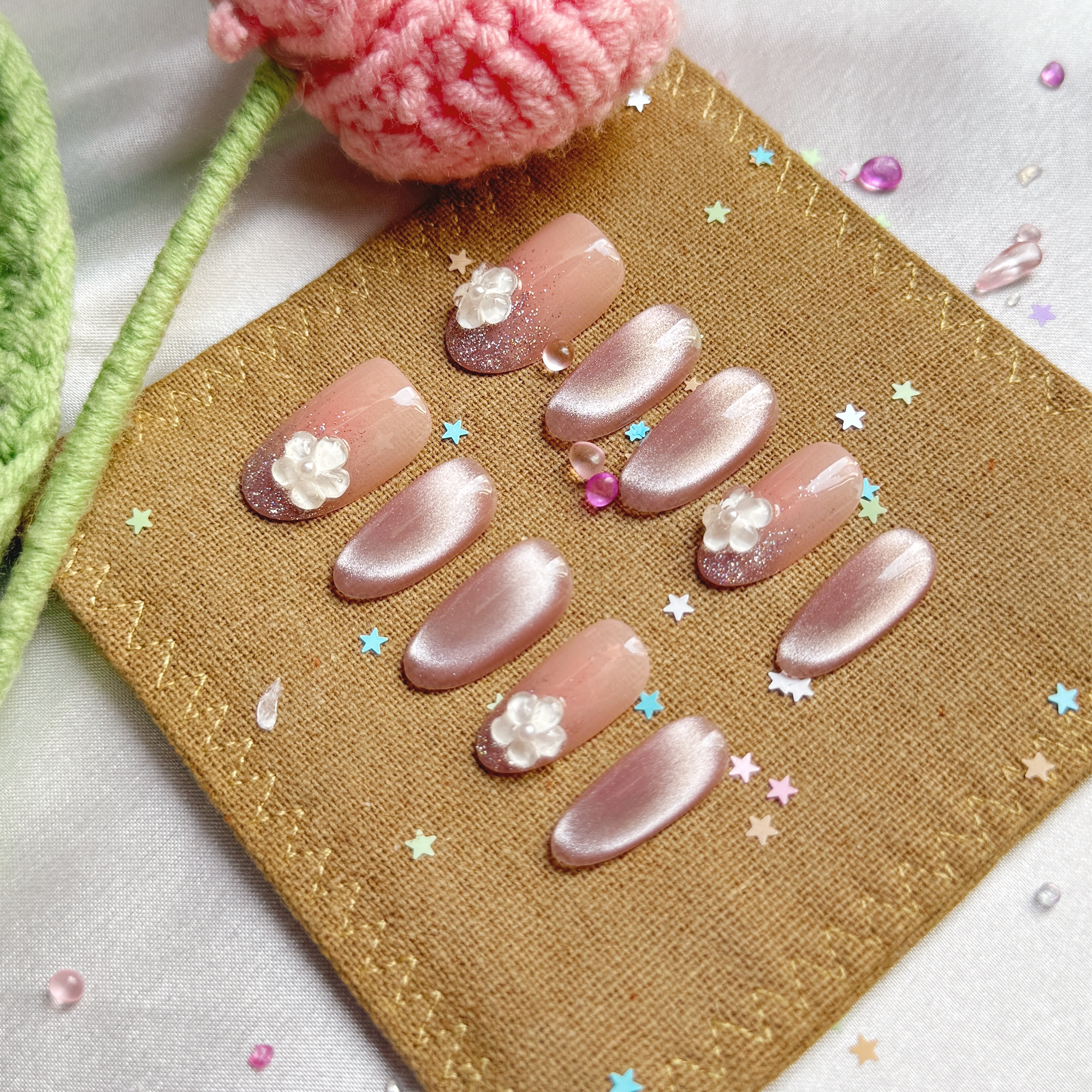 Custom Press-On Nails – Rose Pink Cat Eye with Glitter Tips & 3D Flower Charms | Soft Glam Nail Set | Wynzy Pops Nails