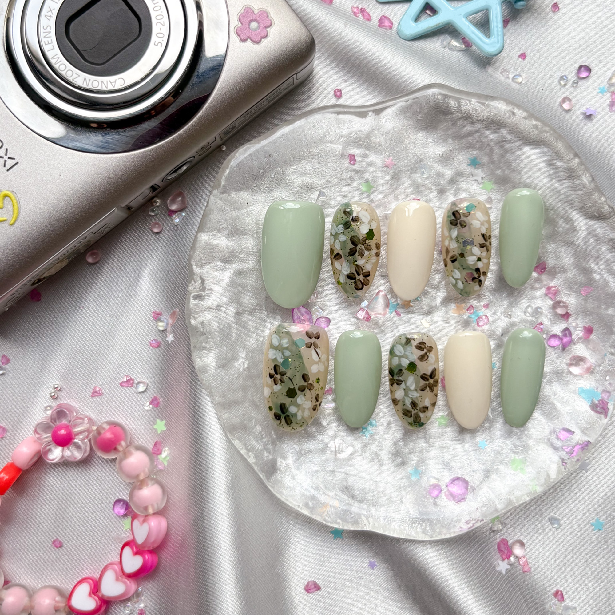 Custom Press-On Nails – Pastel Mint & Ivory Minimalist with Holographic Glitter | Wynzy Pops Nails