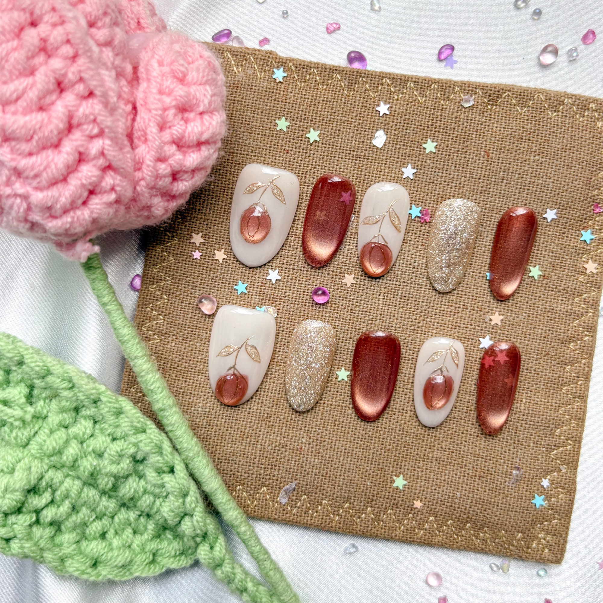 Custom Press-On Nails – Milky White, Gold Glitter & Red Cat Eye with 3D Peach Accents | Luxury Non-Custom Nail Art | Wynzy Pops Nails