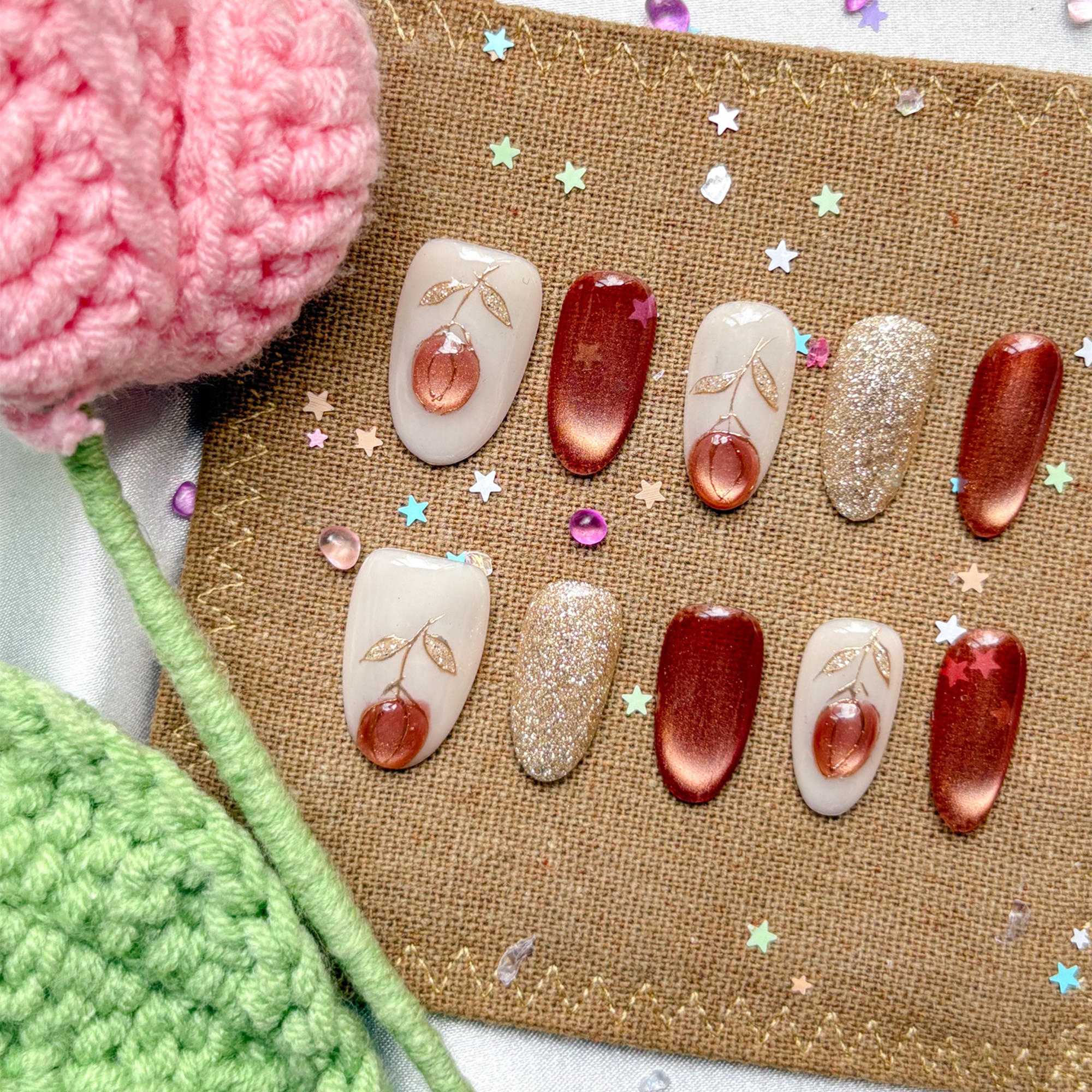 Custom Press-On Nails – Milky White, Gold Glitter & Red Cat Eye with 3D Peach Accents | Luxury Non-Custom Nail Art | Wynzy Pops Nails