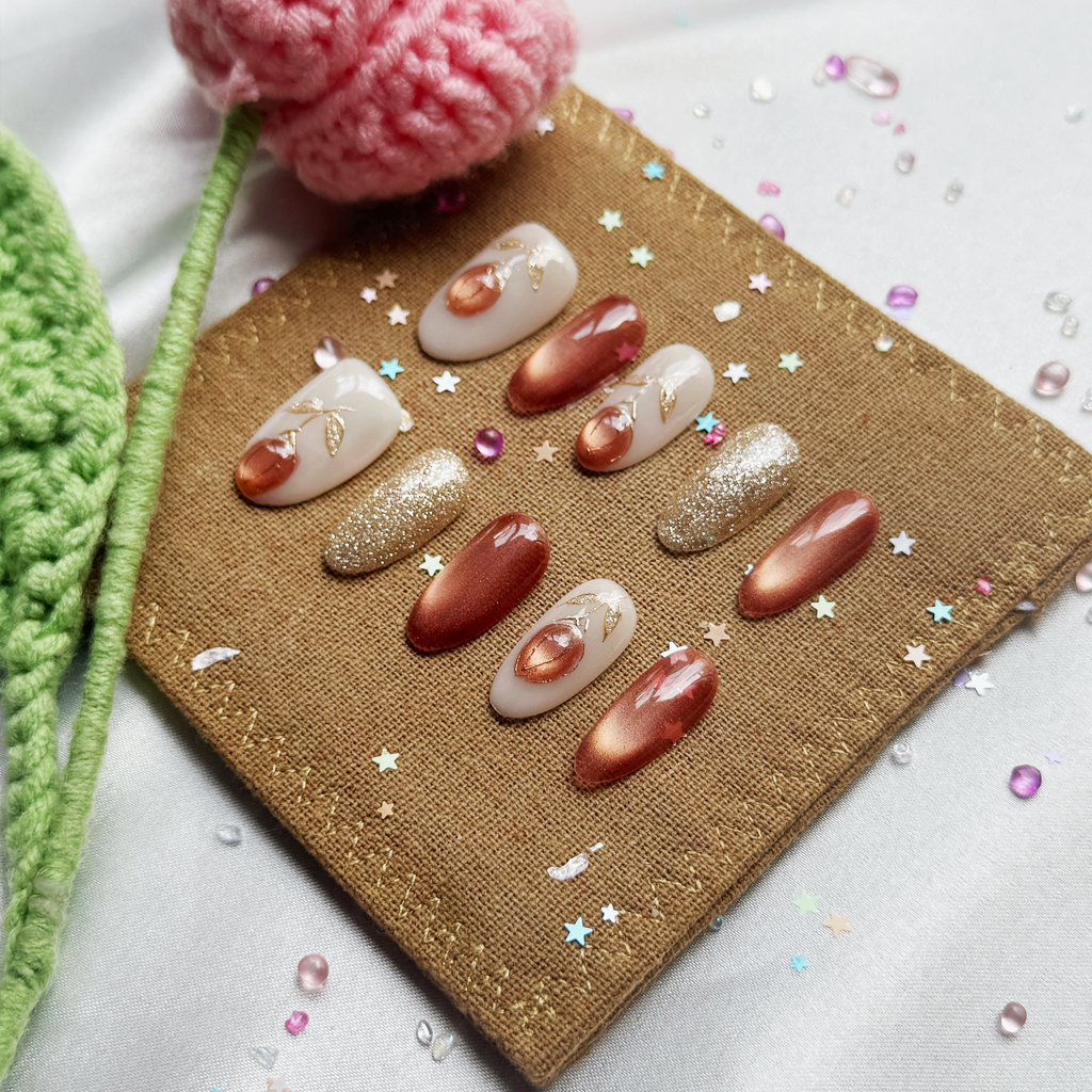 Custom Press-On Nails – Milky White, Gold Glitter & Red Cat Eye with 3D Peach Accents | Luxury Non-Custom Nail Art | Wynzy Pops Nails