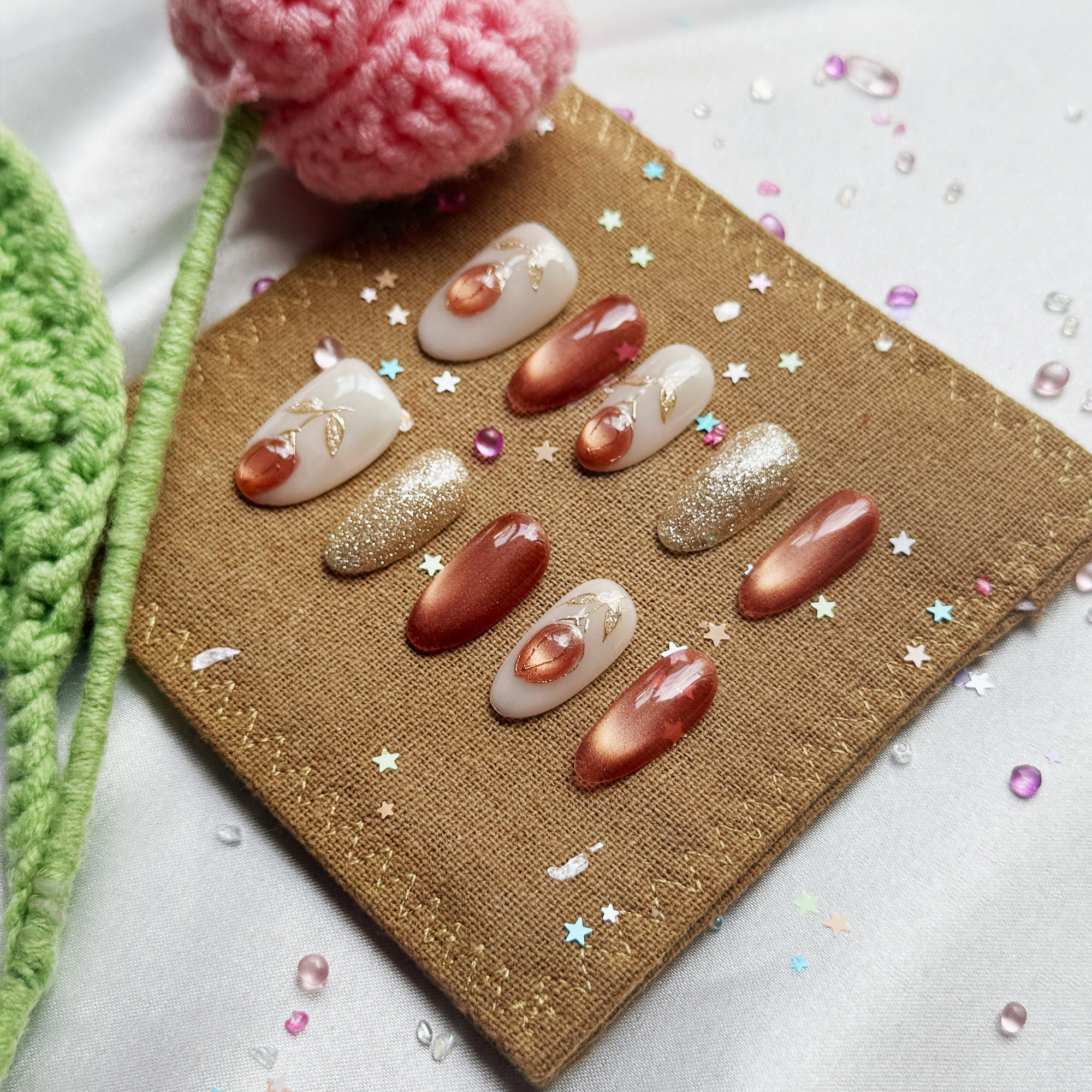 Custom Press-On Nails – Milky White, Gold Glitter & Red Cat Eye with 3D Peach Accents | Luxury Non-Custom Nail Art | Wynzy Pops Nails