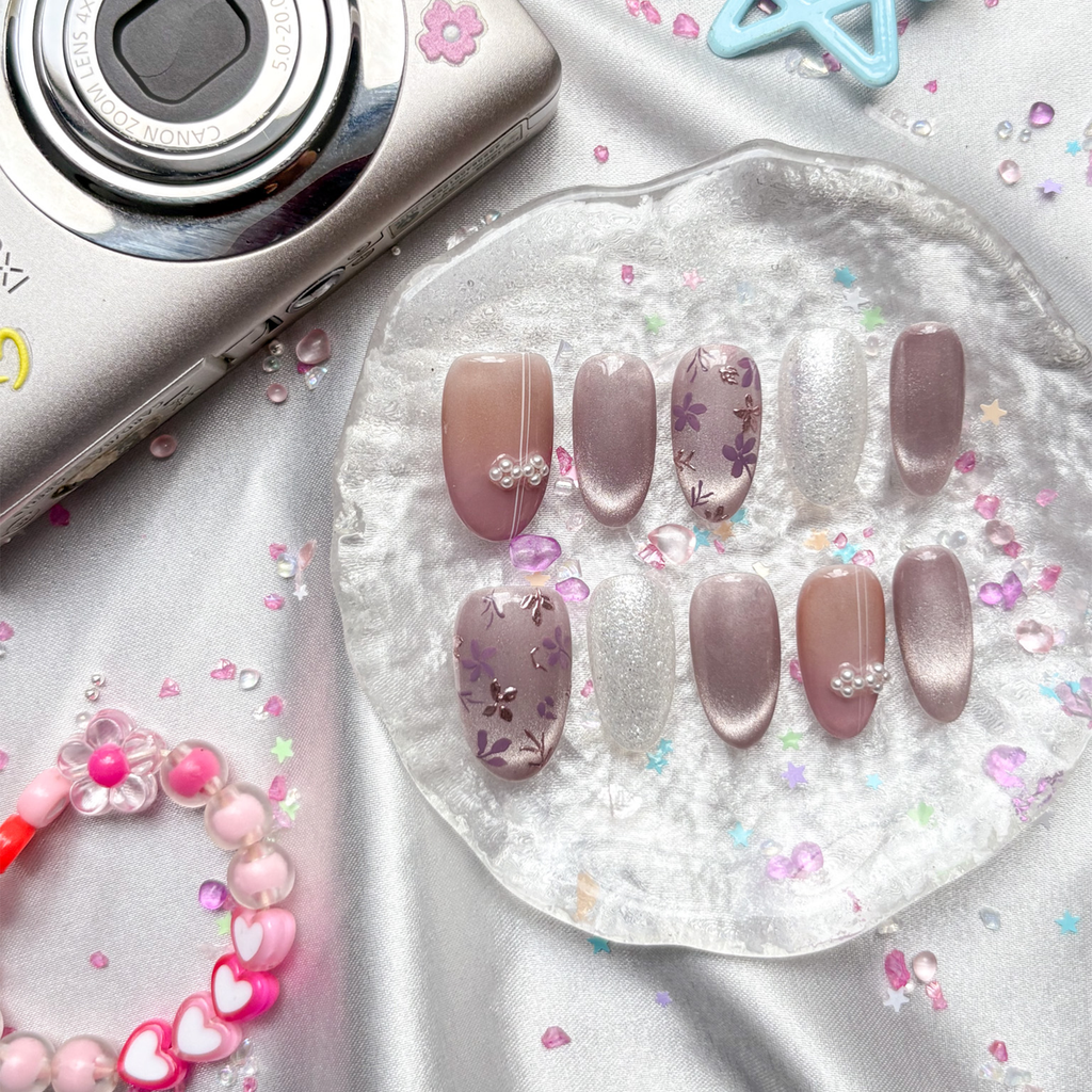 Custom Press-On Nails – Nude & Lavender Cat Eye with Floral & Pearl Accents | Wynzy Pops Nails