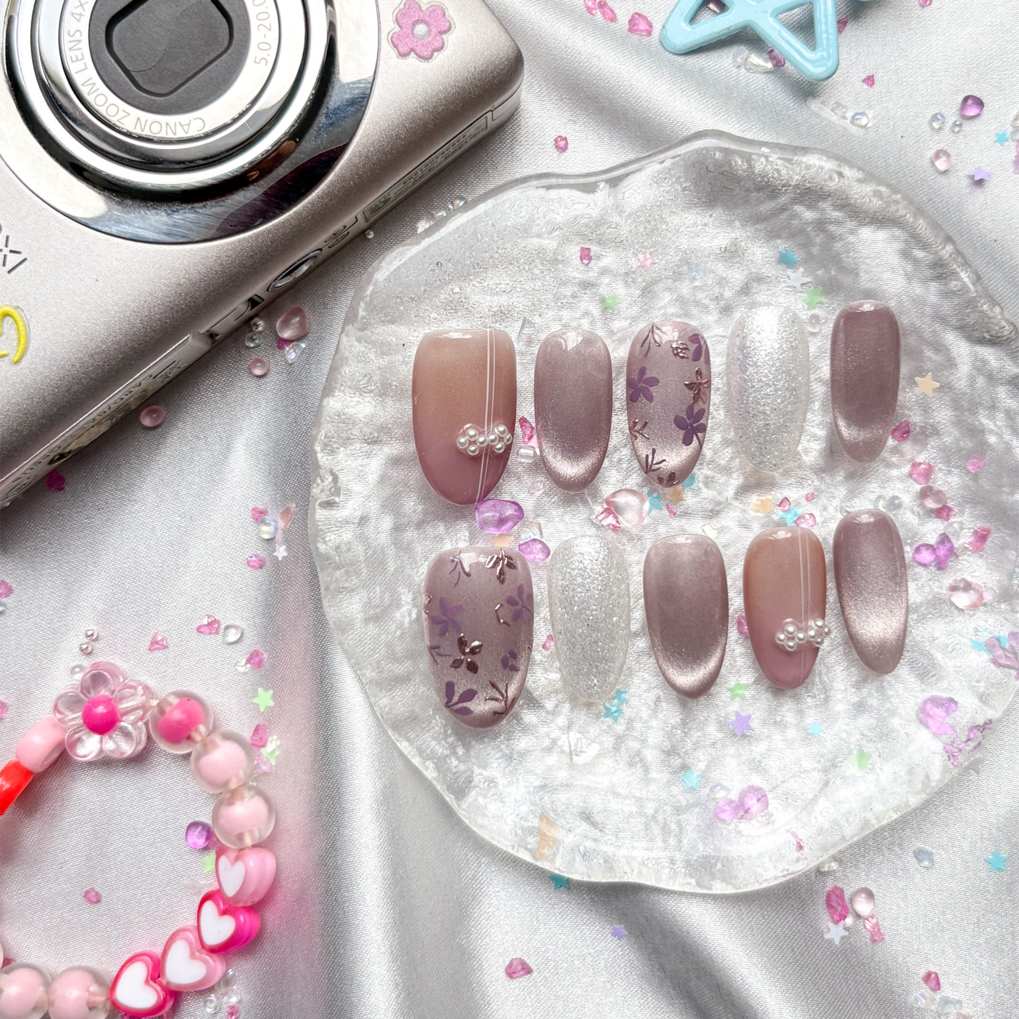 Custom Press-On Nails – Nude & Lavender Cat Eye with Floral & Pearl Accents | Wynzy Pops Nails