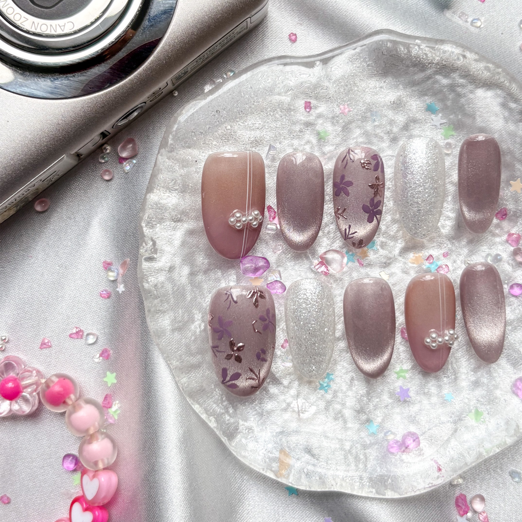 Custom Press-On Nails – Nude & Lavender Cat Eye with Floral & Pearl Accents | Wynzy Pops Nails