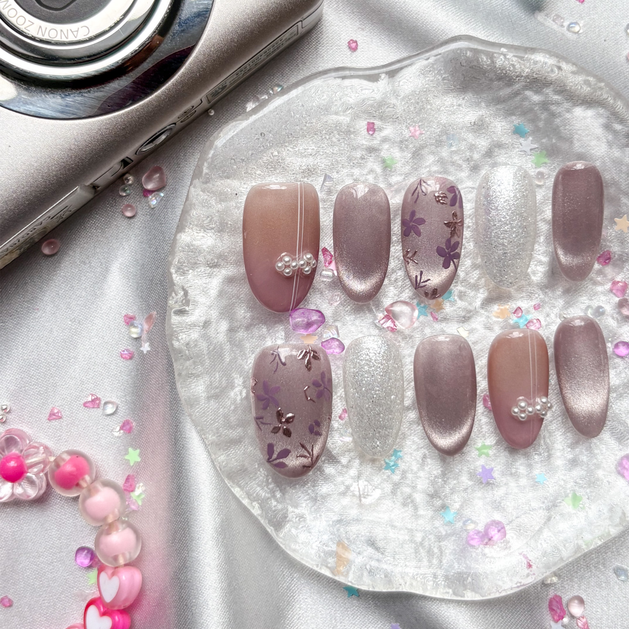 Custom Press-On Nails – Nude & Lavender Cat Eye with Floral & Pearl Accents | Wynzy Pops Nails