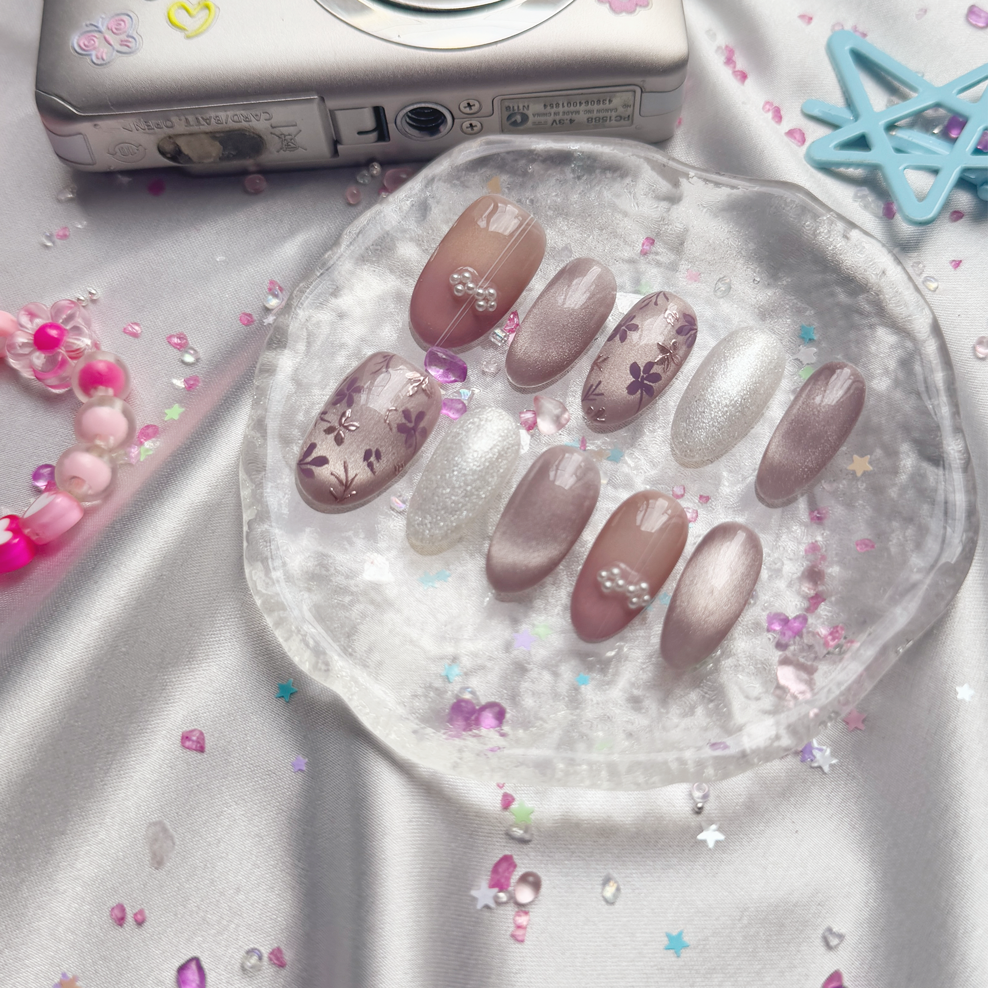 Custom Press-On Nails – Nude & Lavender Cat Eye with Floral & Pearl Accents | Wynzy Pops Nails