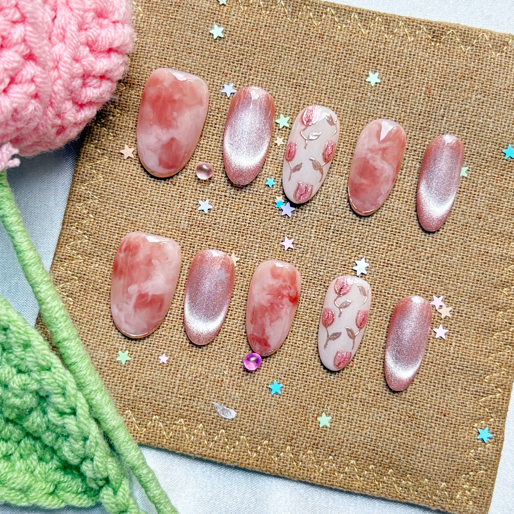 Personalized Nude Marble Press On Nails – Pink Rose Cat Eye & Glossy Floral Luxury Nail Art Set | Wynzy Pops Nails