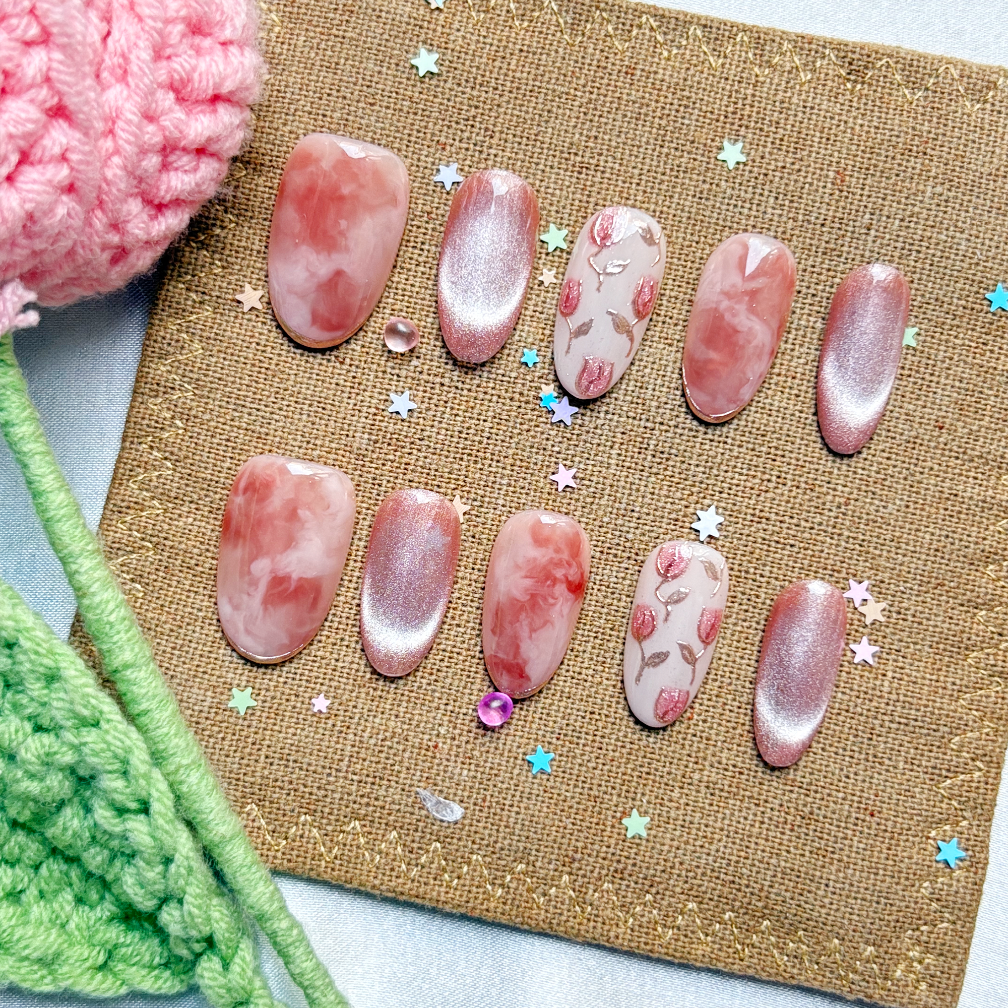 Personalized Nude Marble Press On Nails – Pink Rose Cat Eye & Glossy Floral Luxury Nail Art Set | Wynzy Pops Nails