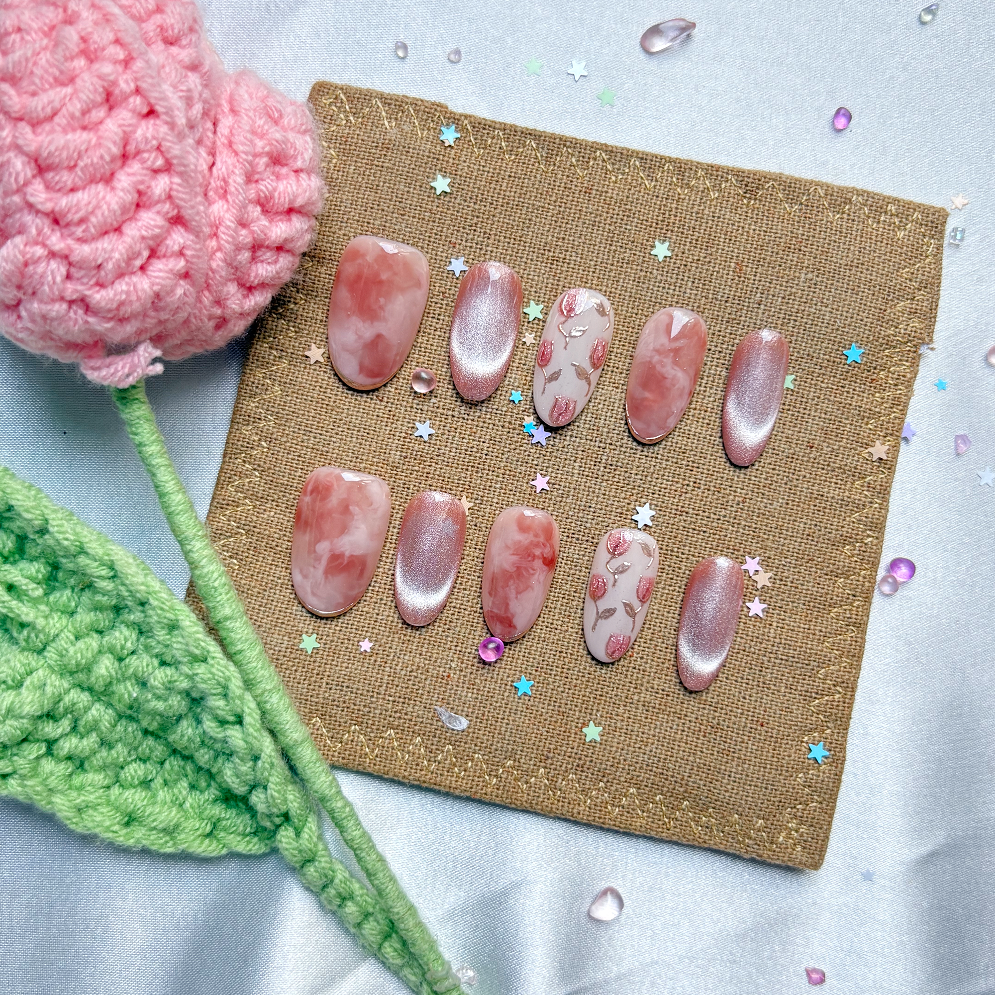 Personalized Nude Marble Press On Nails – Pink Rose Cat Eye & Glossy Floral Luxury Nail Art Set | Wynzy Pops Nails