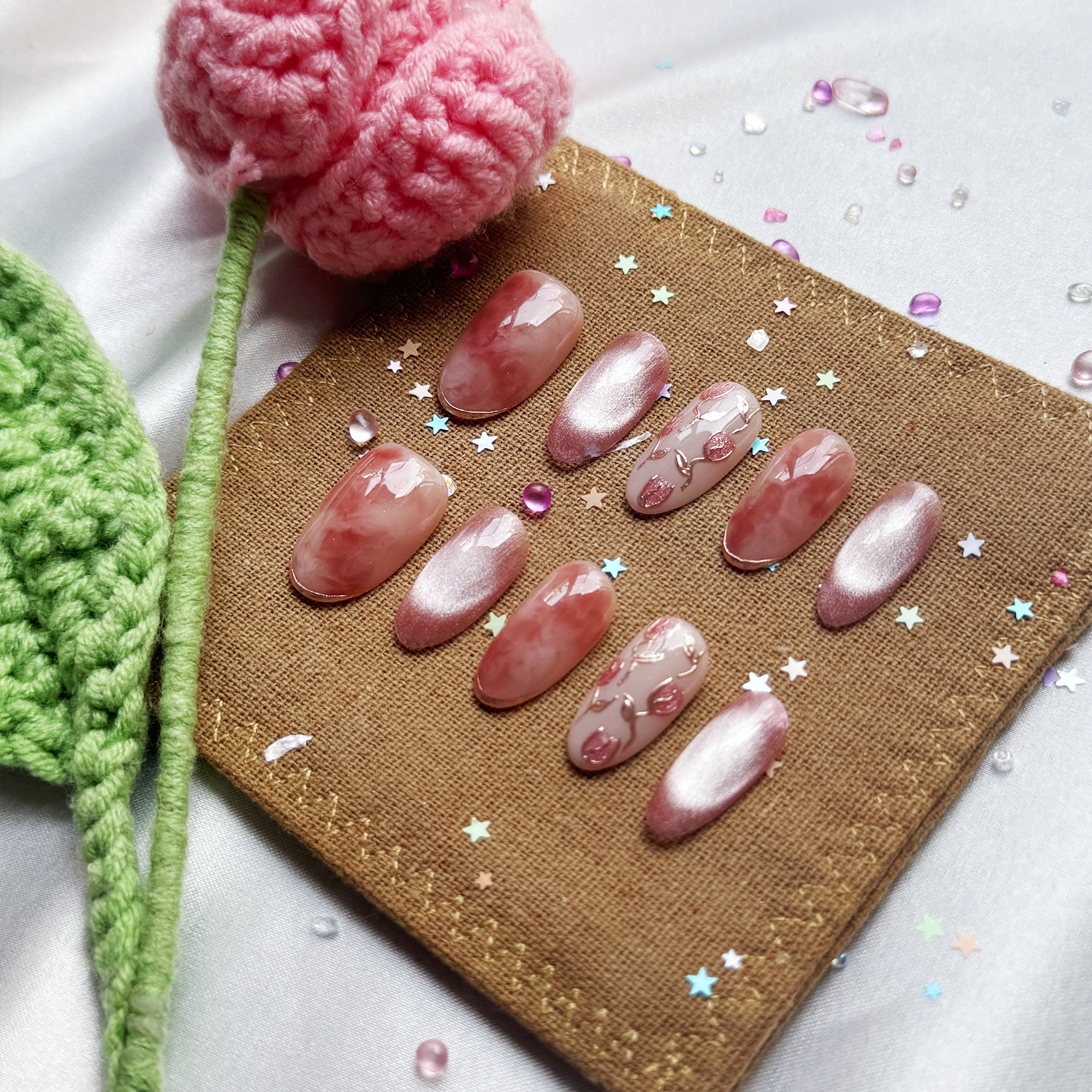 Personalized Nude Marble Press On Nails – Pink Rose Cat Eye & Glossy Floral Luxury Nail Art Set | Wynzy Pops Nails