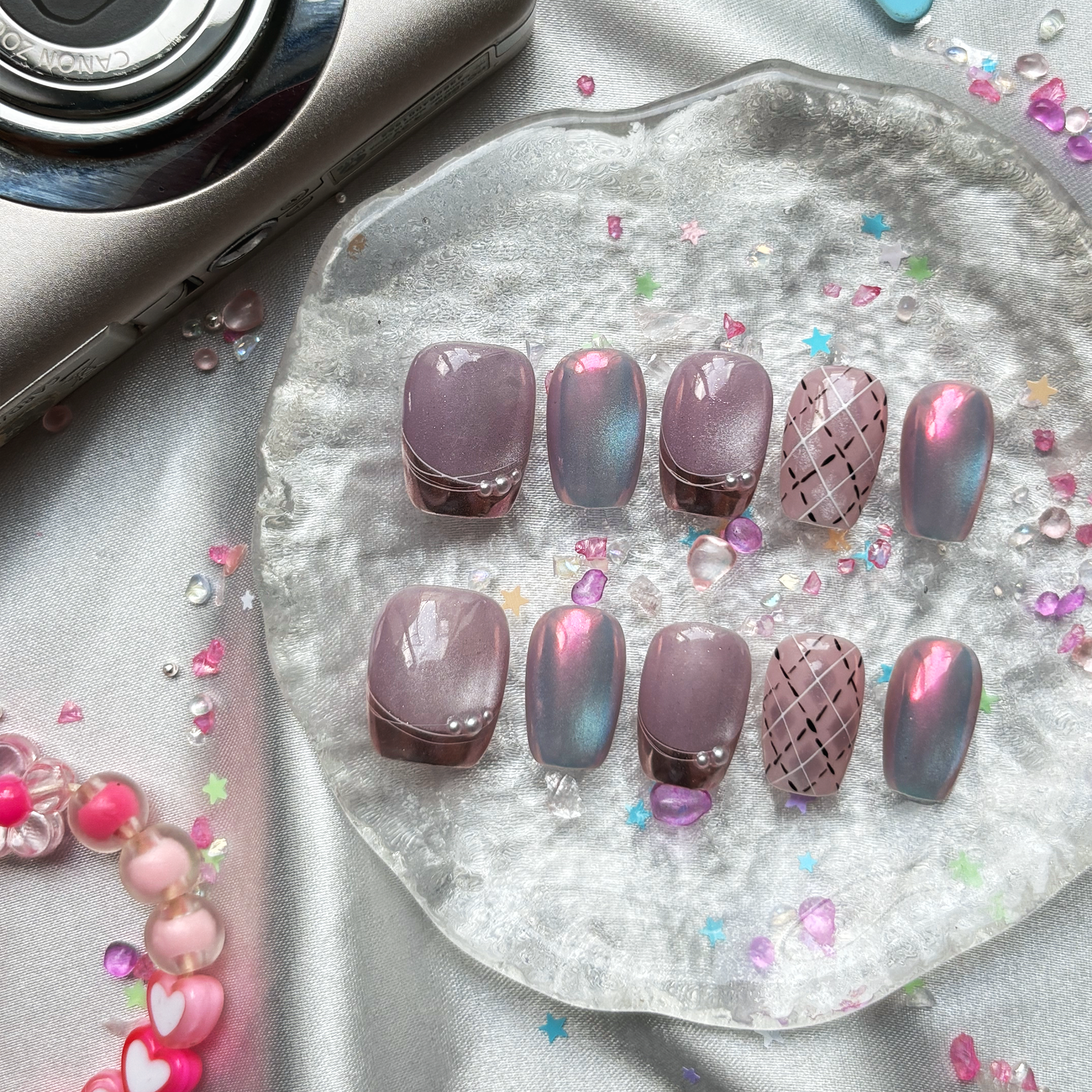Personalized Pink Glowing Press On Nails: Glitter Cat Eye Nail Art | Wynzy Pops Nails