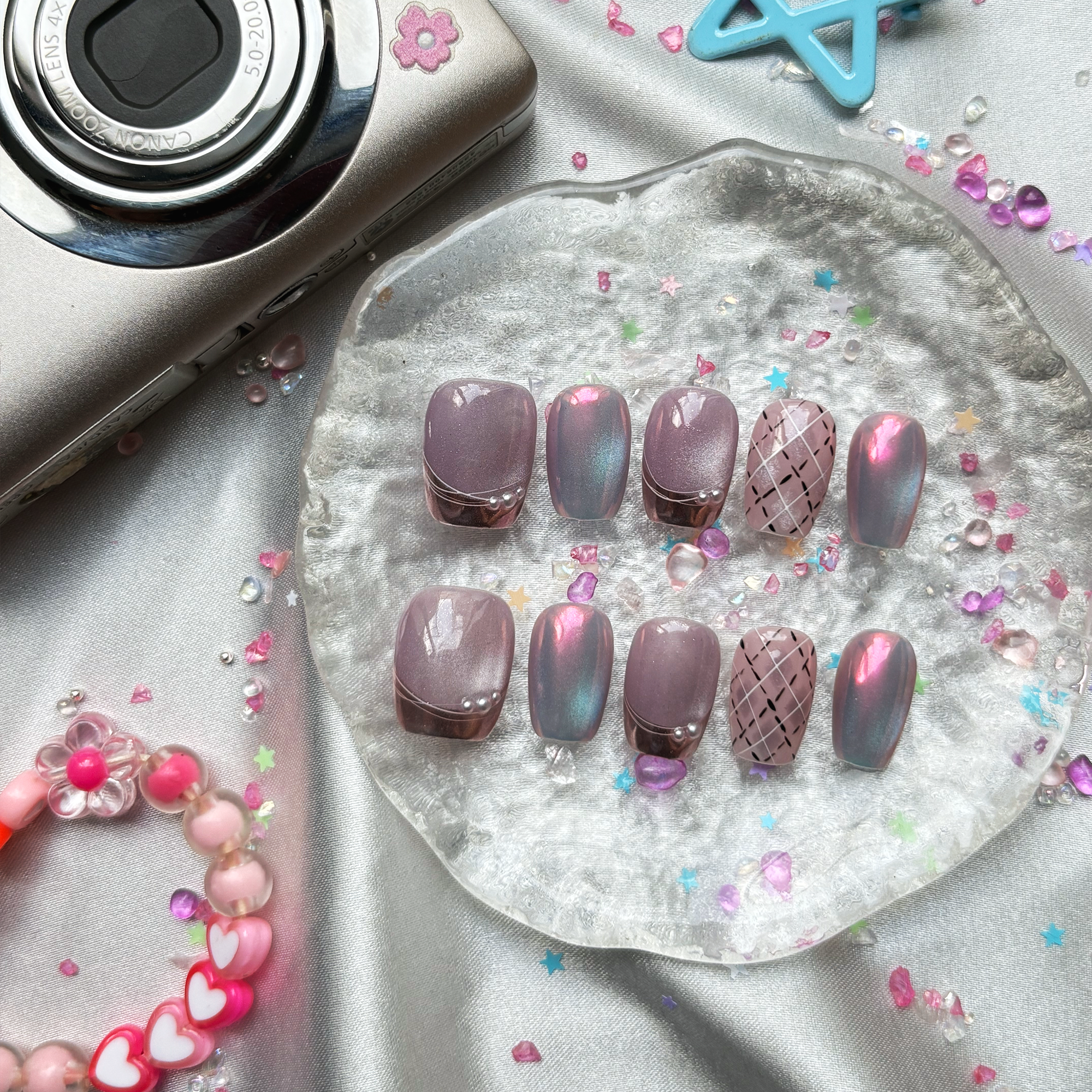 Personalized Pink Glowing Press On Nails: Glitter Cat Eye Nail Art | Wynzy Pops Nails