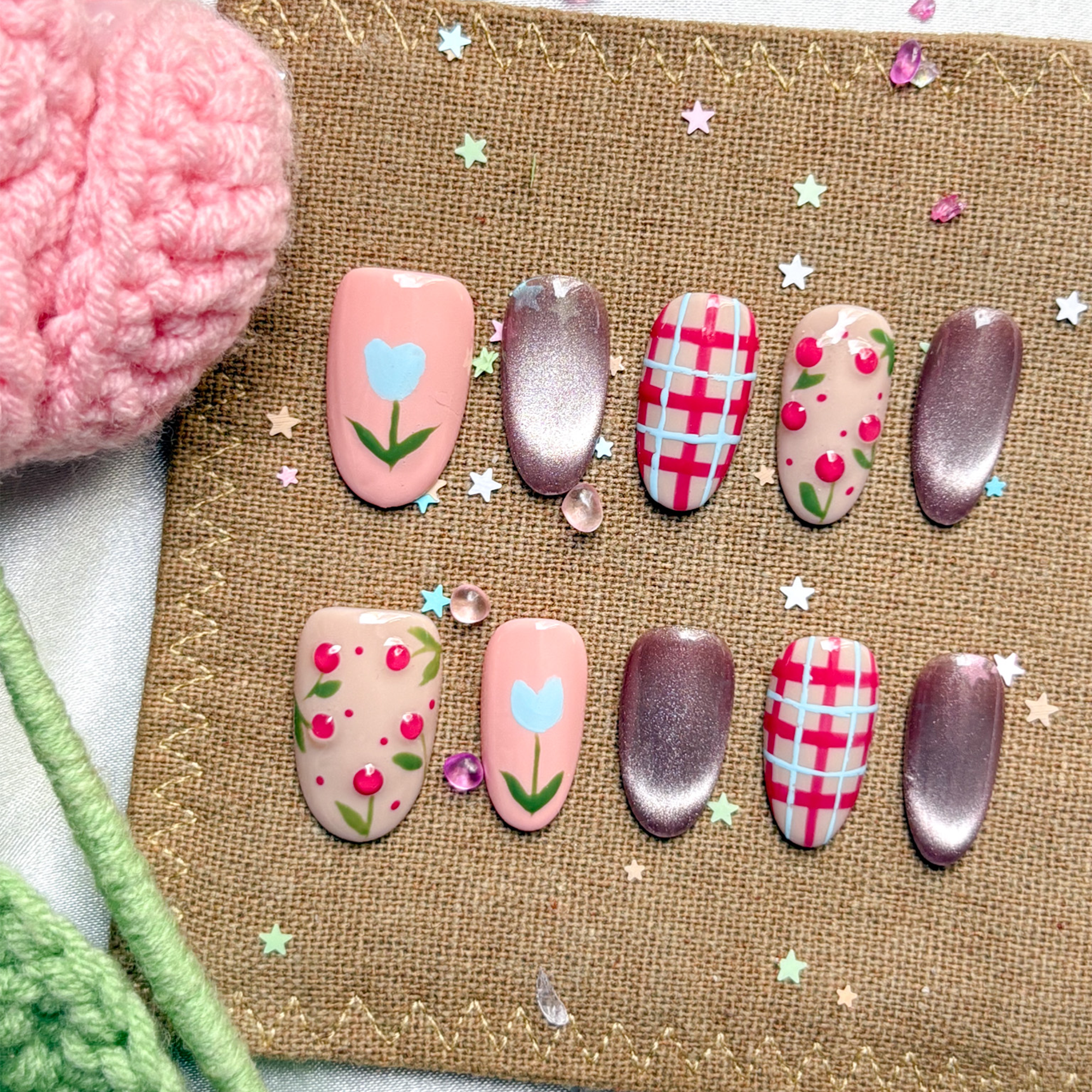 Custom Press-On Nails – Pink & Silver Cat Eye with Floral, Cherry & Plaid Design | Wynzy Pops Nails