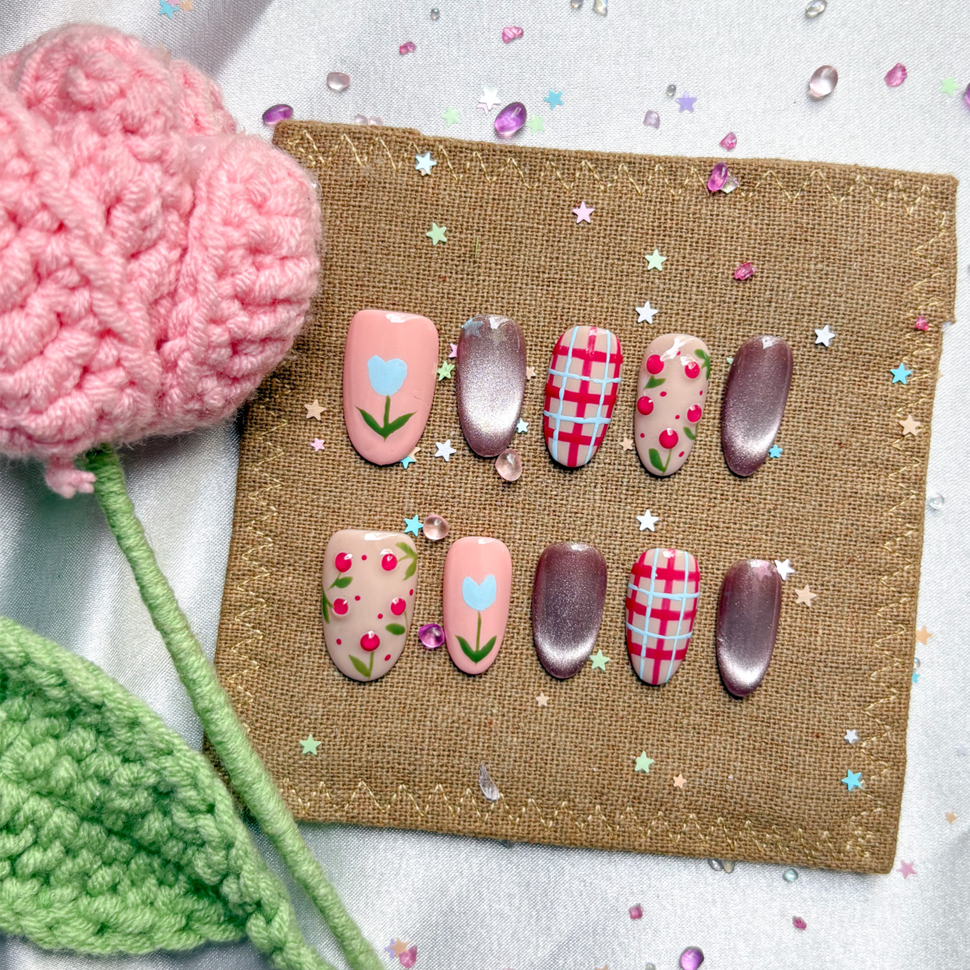 Custom Press-On Nails – Pink & Silver Cat Eye with Floral, Cherry & Plaid Design | Wynzy Pops Nails