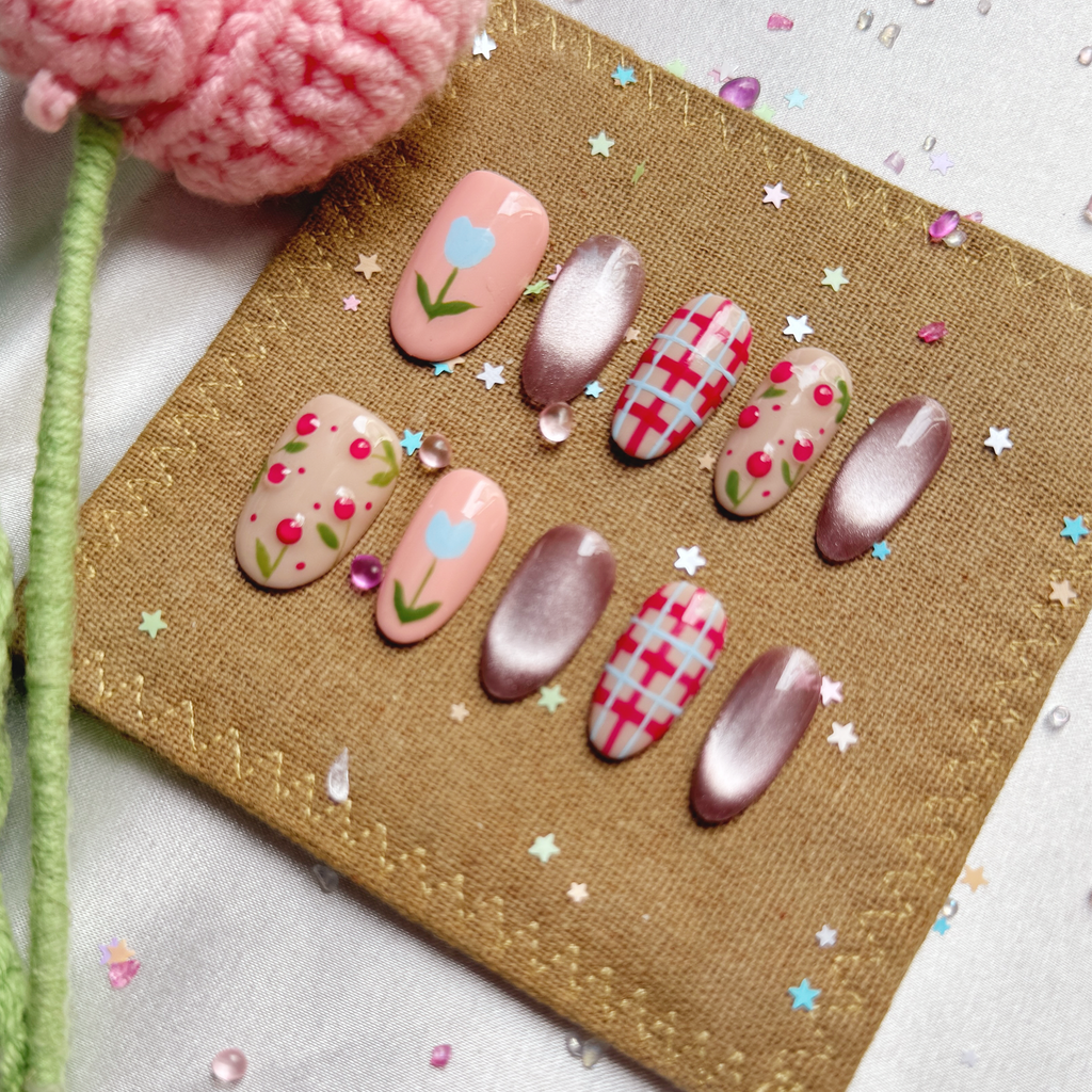 Custom Press-On Nails – Pink & Silver Cat Eye with Floral, Cherry & Plaid Design | Wynzy Pops Nails