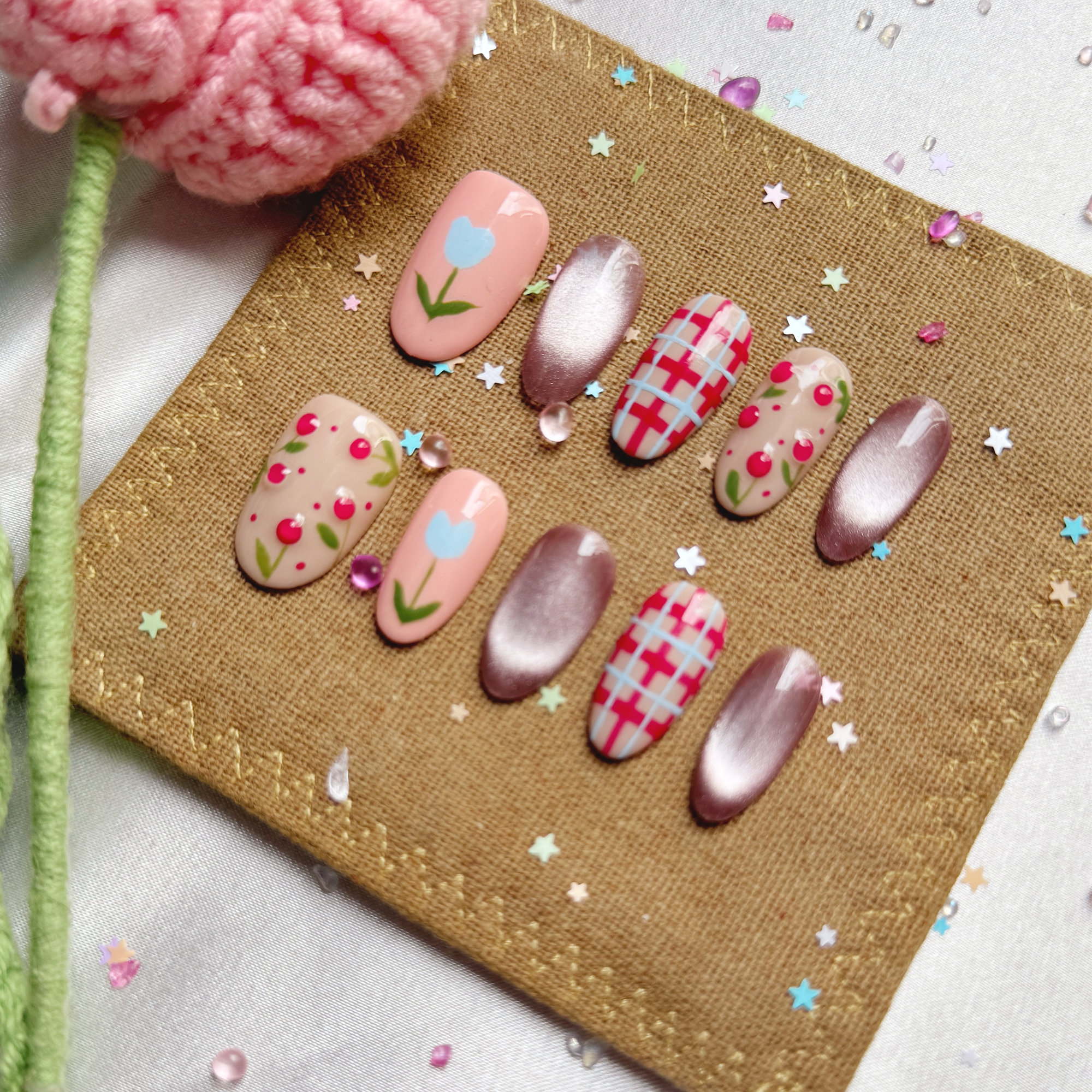 Custom Press-On Nails – Pink & Silver Cat Eye with Floral, Cherry & Plaid Design | Wynzy Pops Nails