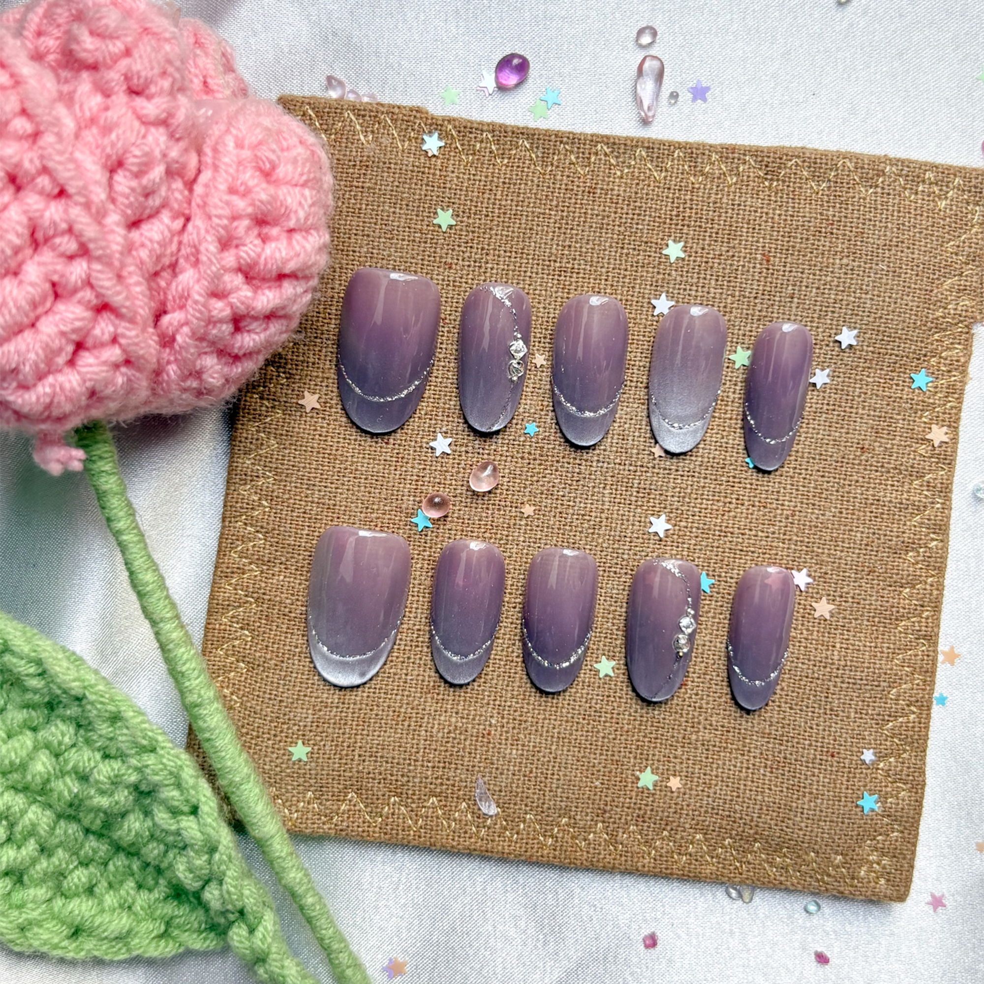 Custom Press-On Nails – Personalized Nude Lavender Ombre with Silver Glitter Swirl & Crystal Accent | Wynzy Pops Nails